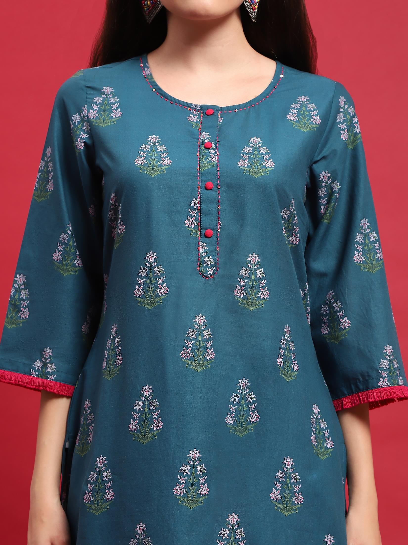 Women Cotton Blue Ornamental Print Kurta Comfort Pant Dupatta.