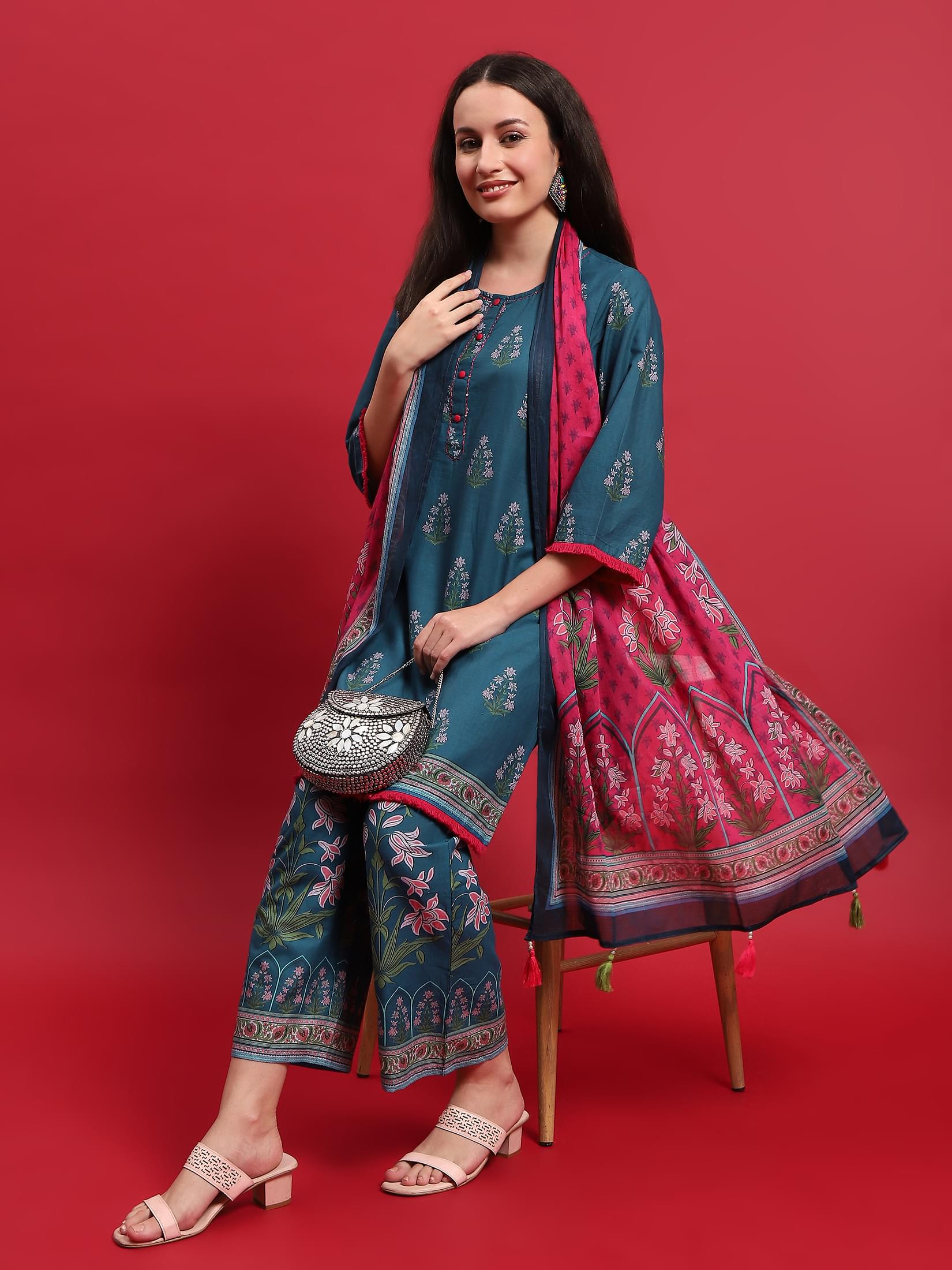 Women Cotton Blue Ornamental Print Kurta Comfort Pant Dupatta.