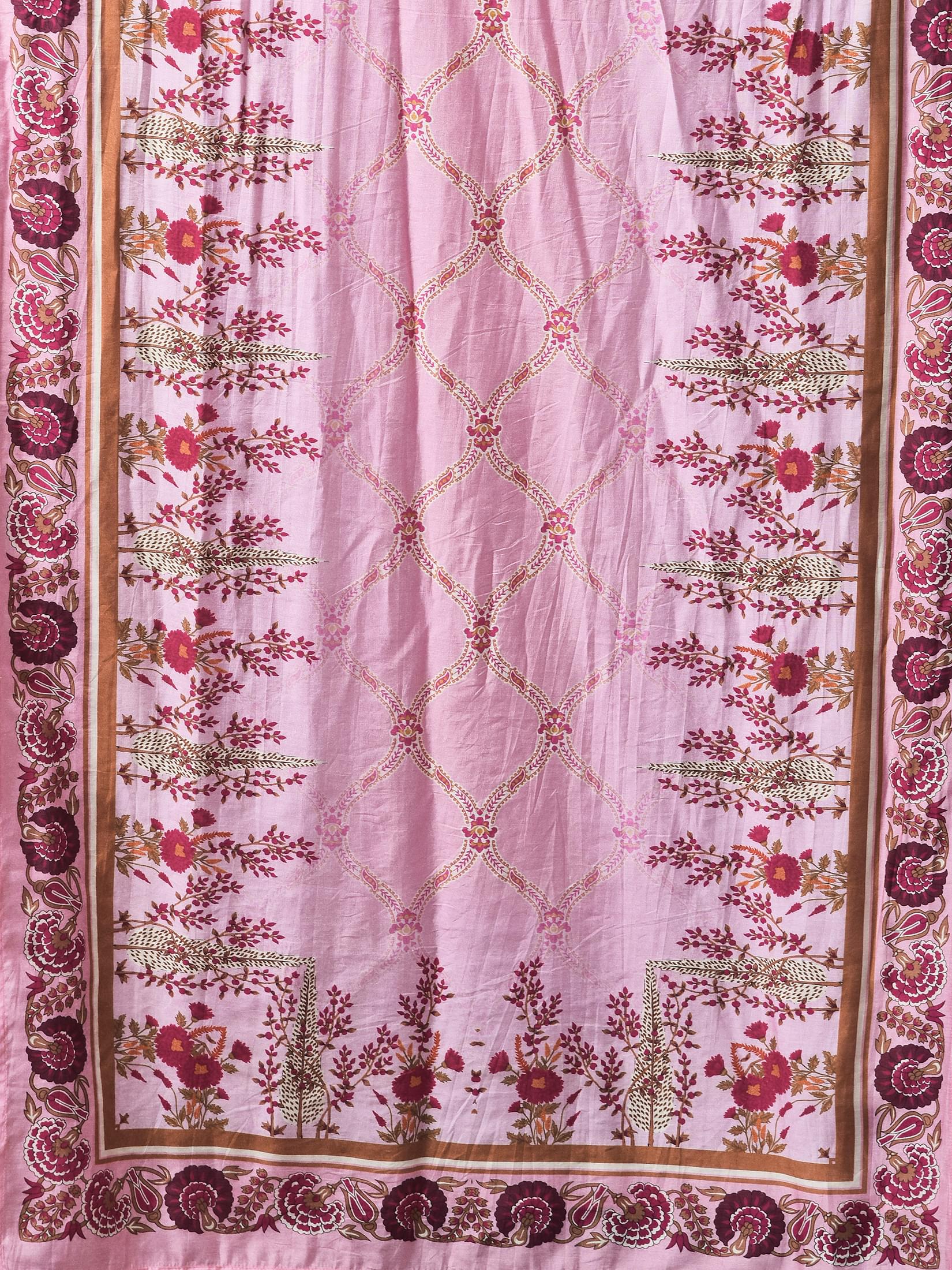 Women Liva (Viscose) Pink Ornamental Print Kurta Trouser Chanderi Dupatta.