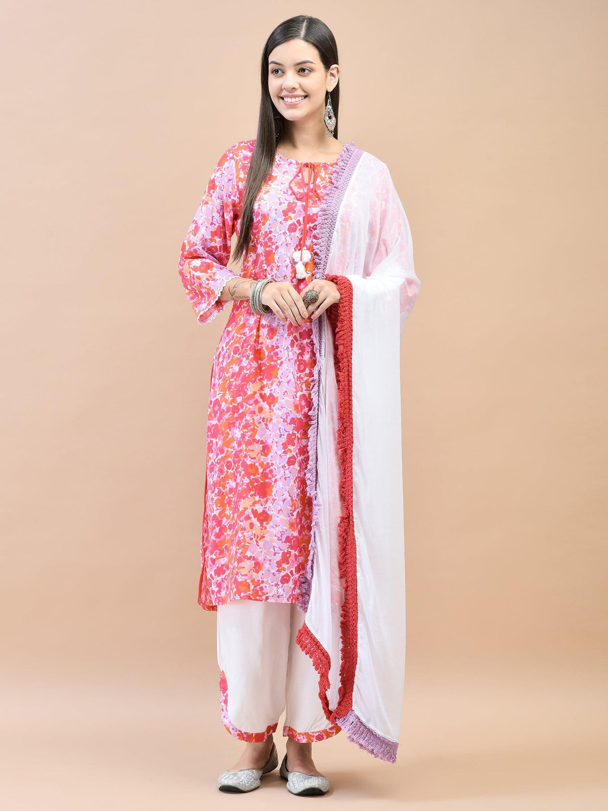 Women Rayon Pink Kurta Comfort Pant Dupatta.