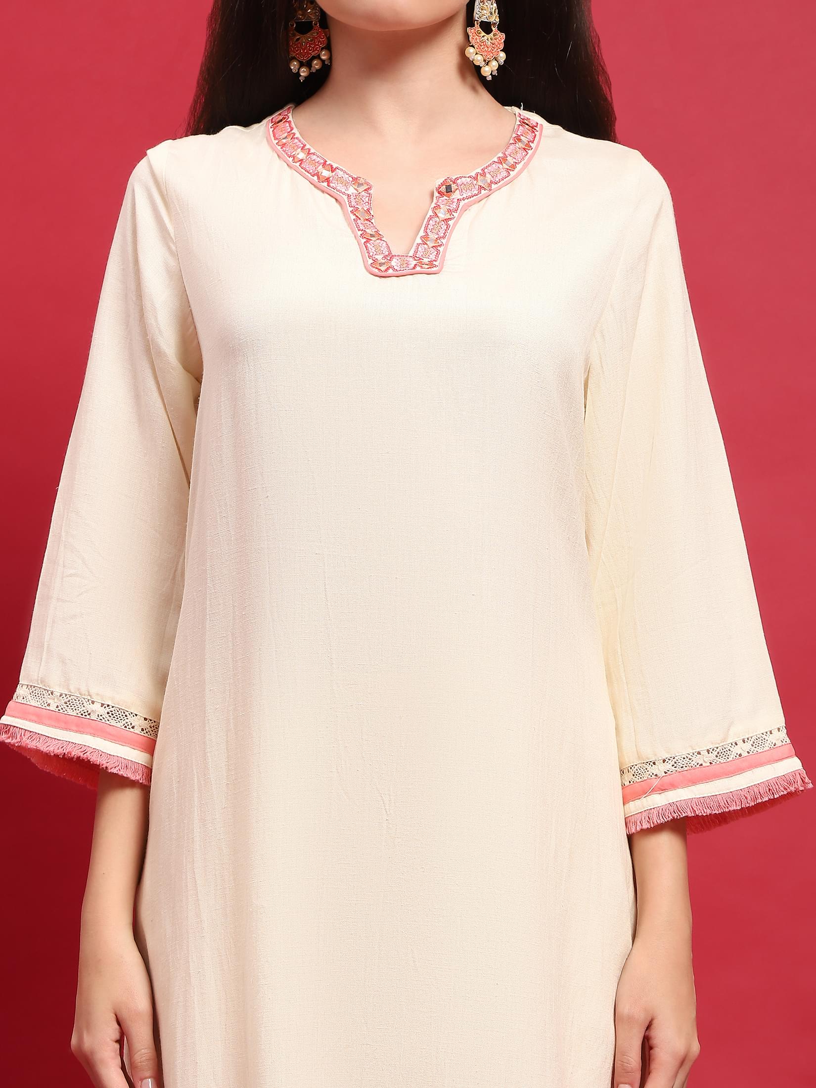 Women Liva (Rayon) Off White Embroidered Kurta Comfort Pant Dupatta.
