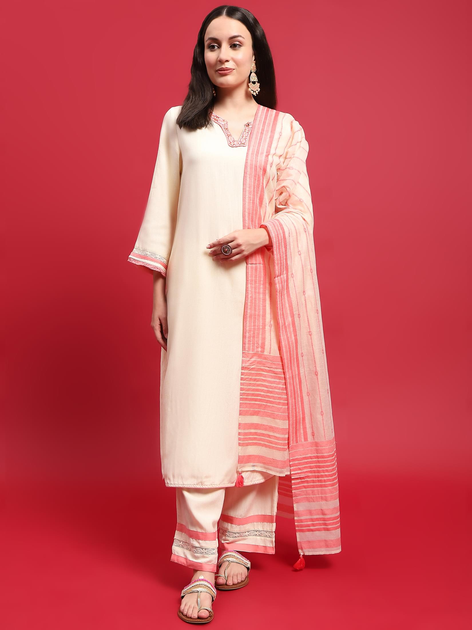 Clean off white detailed embroidery Liva rayon straight fit casual dupatta suit