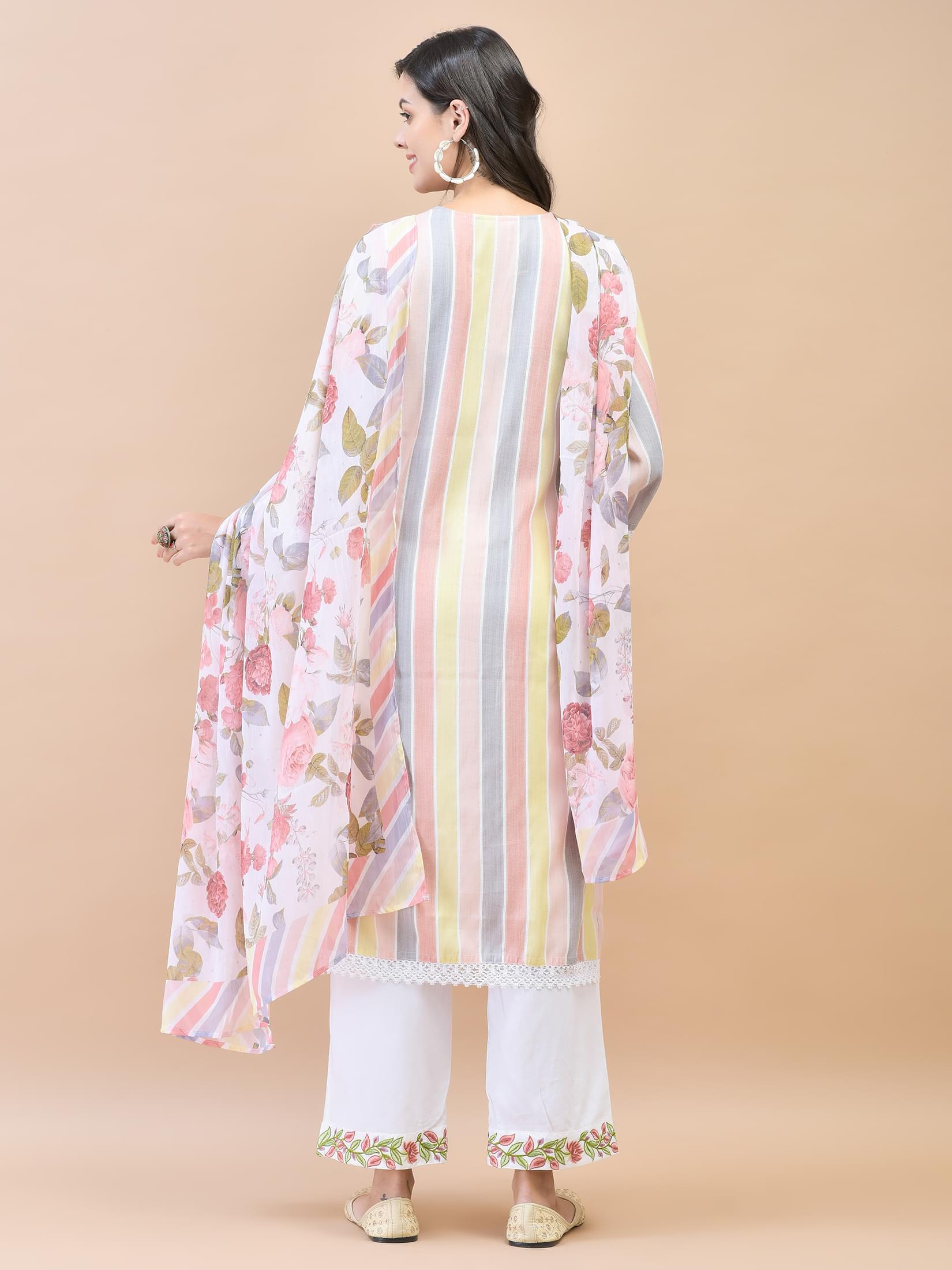 Women Poly Viscose Multicolor Yarn Dyed Kurta Comfort Pant Dupatta.