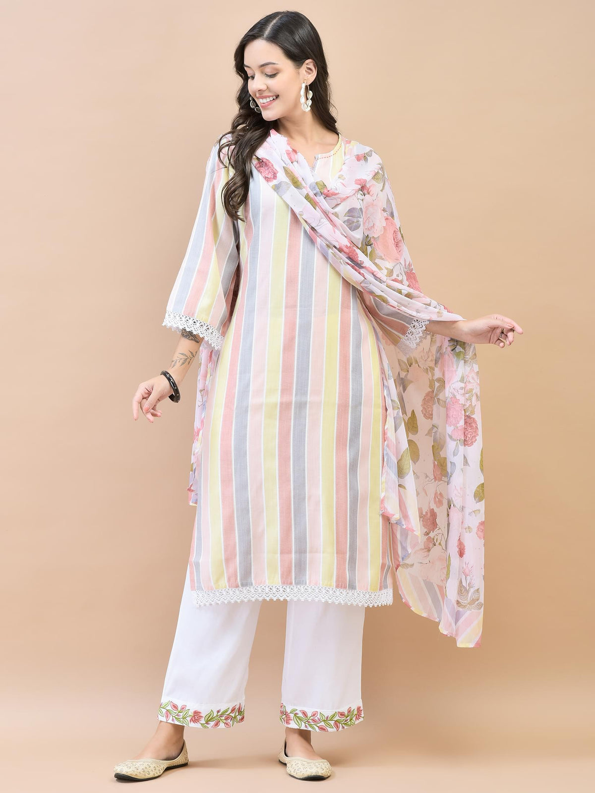 Women Poly Viscose Multicolor Yarn Dyed Kurta Comfort Pant Dupatta.