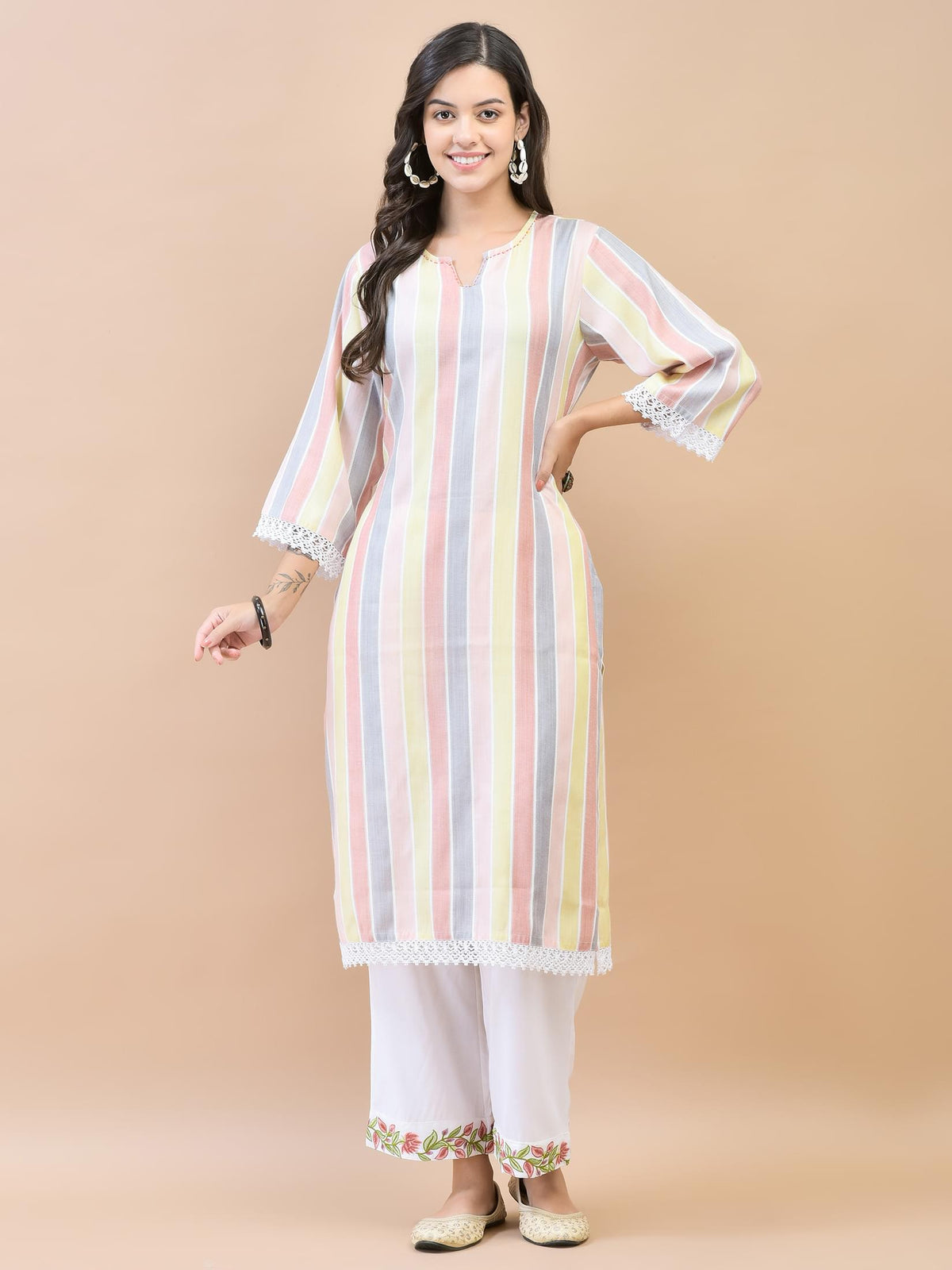 Women Poly Viscose Multicolor Yarn Dyed Kurta Comfort Pant Dupatta.