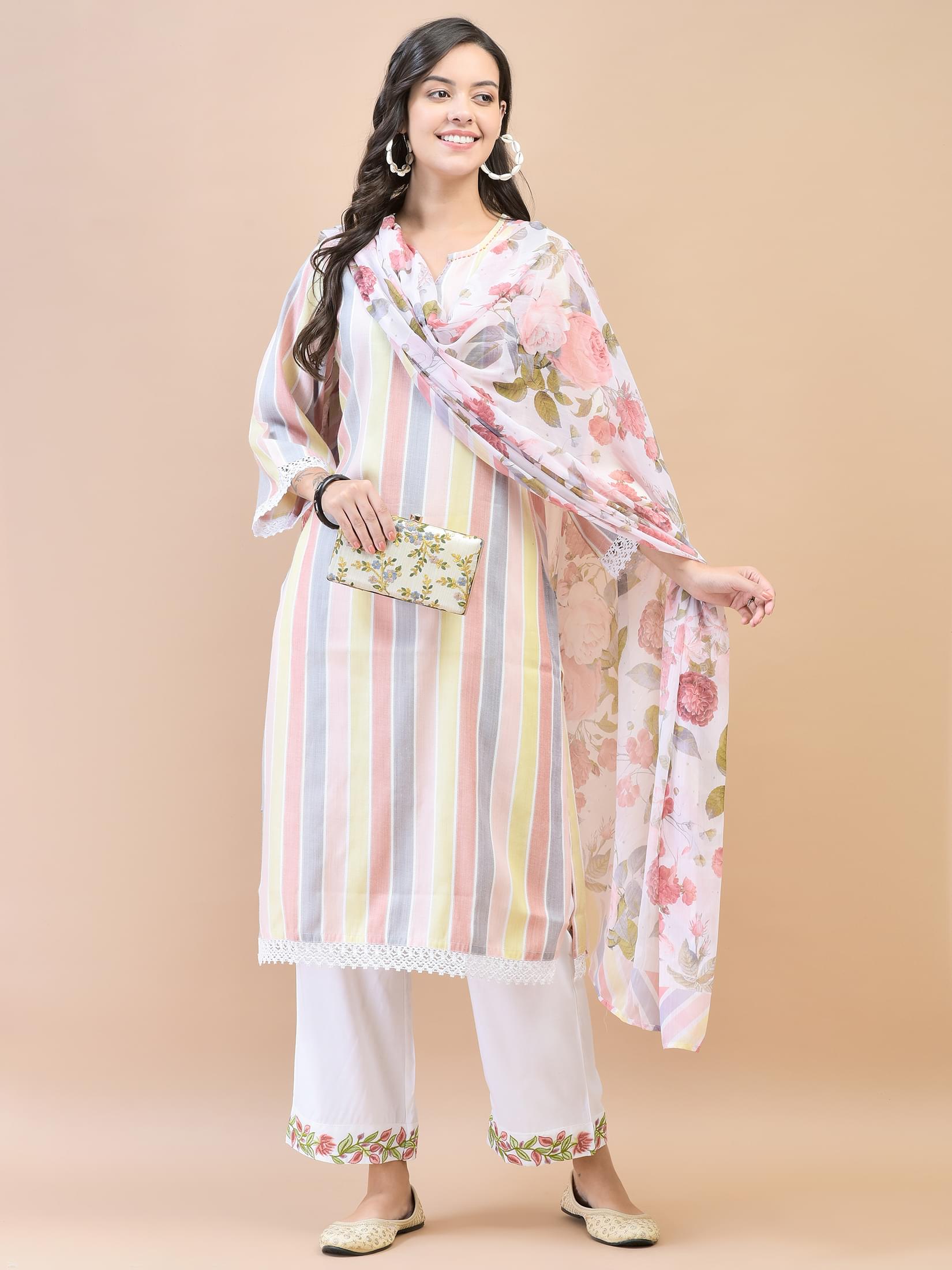 Women Poly Viscose Multicolor Yarn Dyed Kurta Comfort Pant Dupatta.
