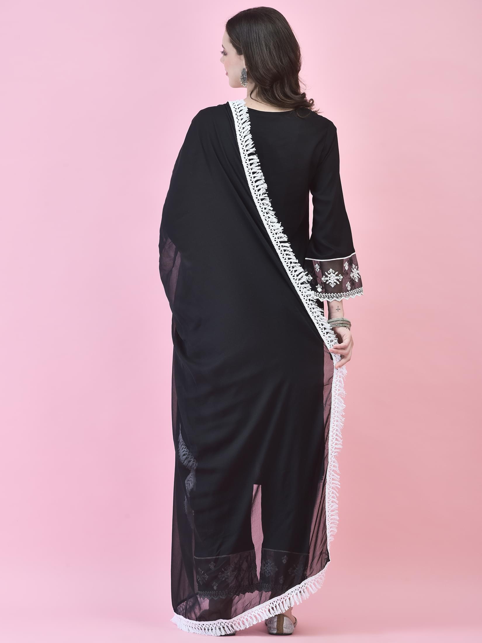 Women Black Liva Rayon Kurta Comfort Pant Dupatta.