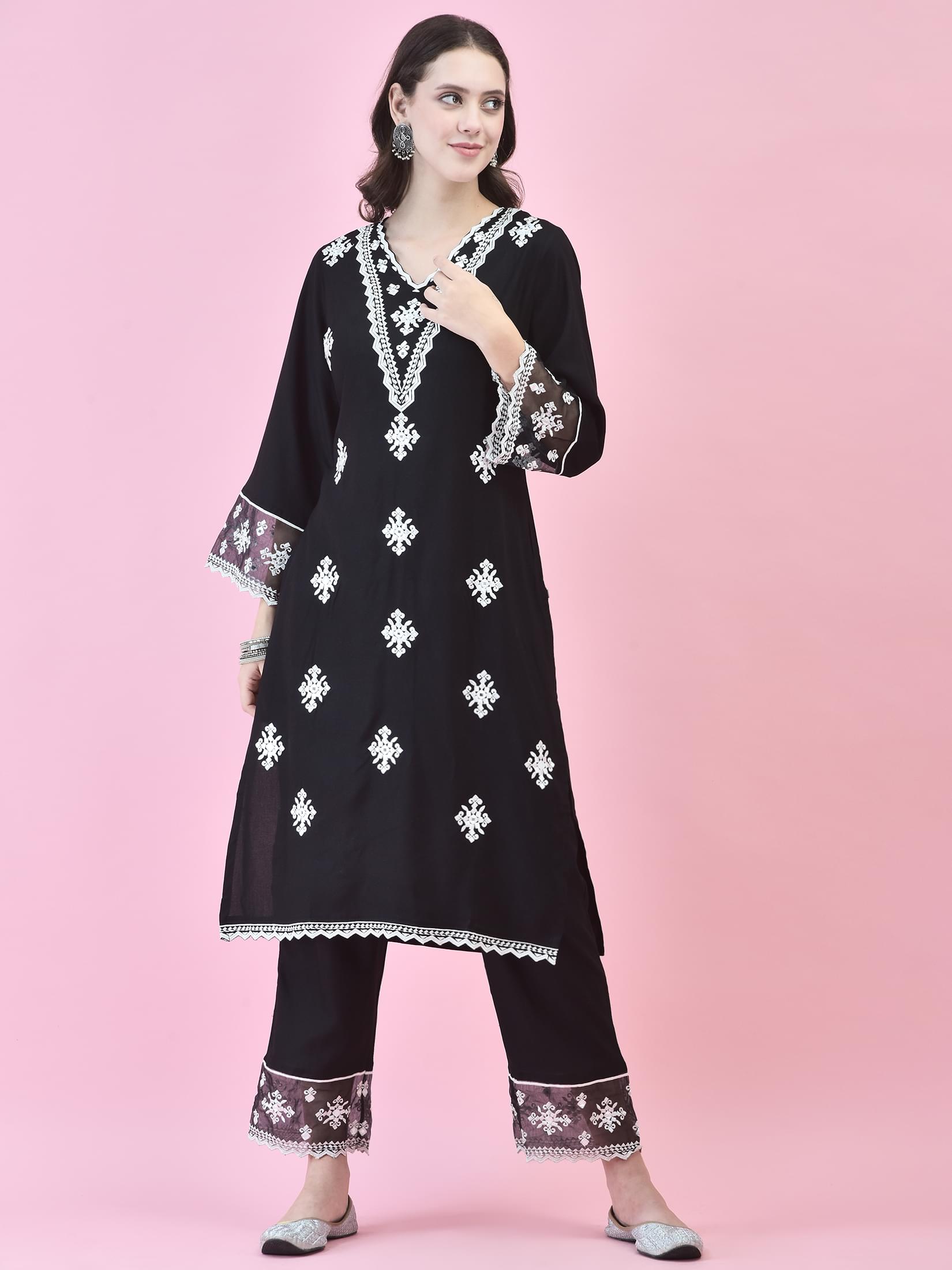 Women Black Liva Rayon Kurta Comfort Pant Dupatta.