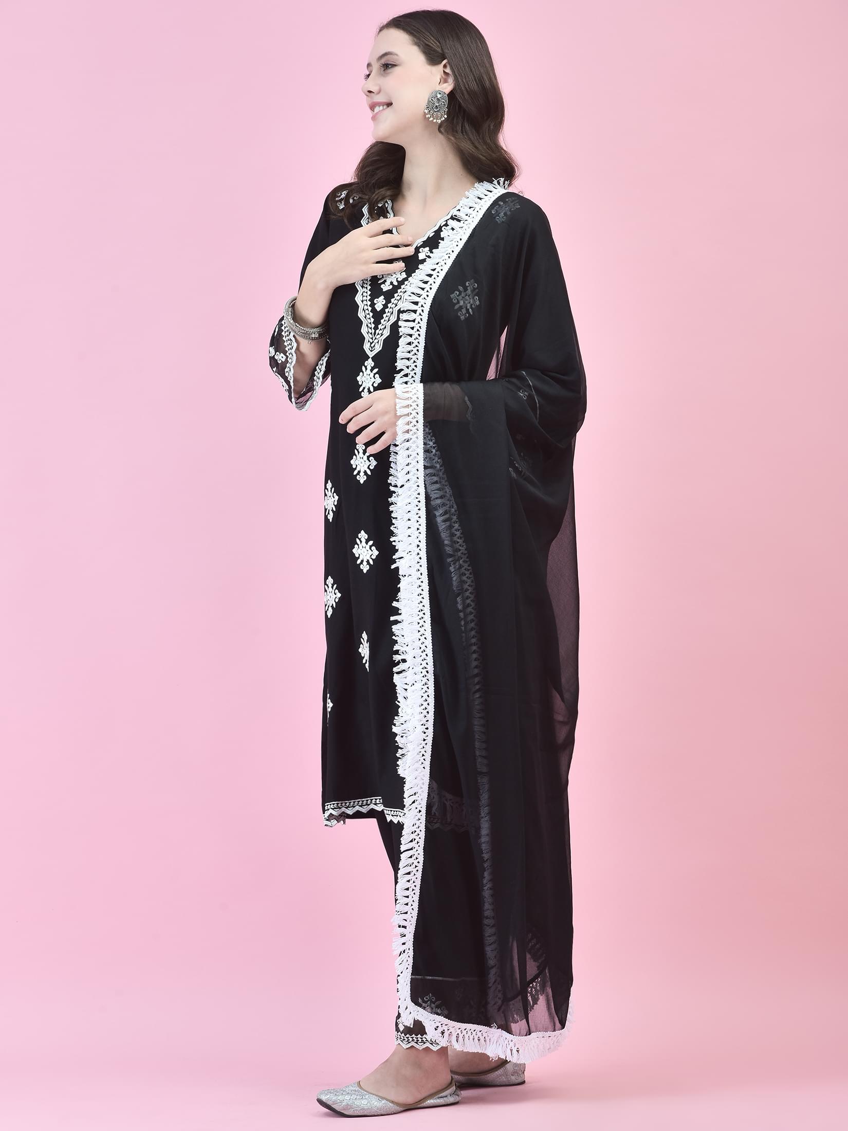 Women Black Liva Rayon Kurta Comfort Pant Dupatta.