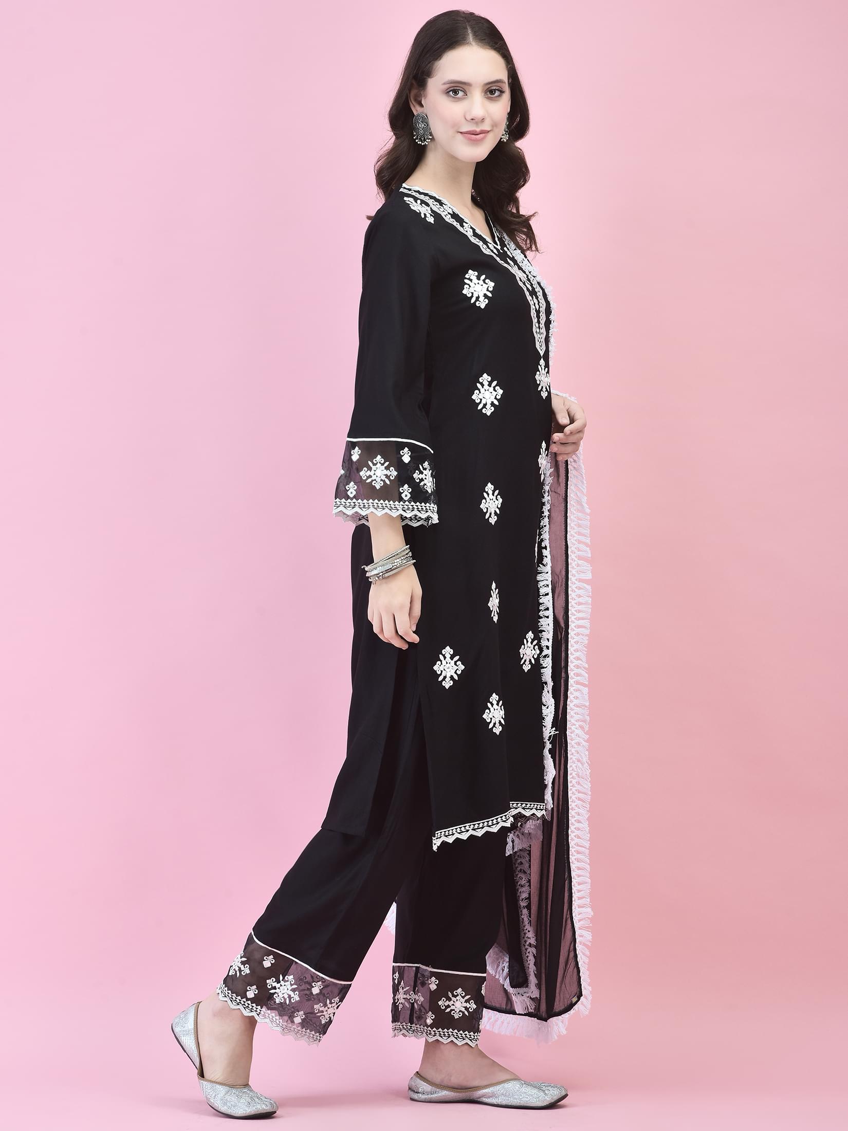 Women Black Liva Rayon Kurta Comfort Pant Dupatta.