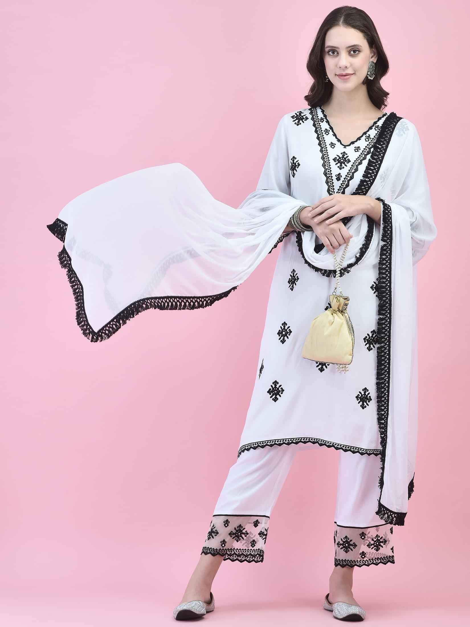 Women Rayon White Kurta Comfort Pant Dupatta.