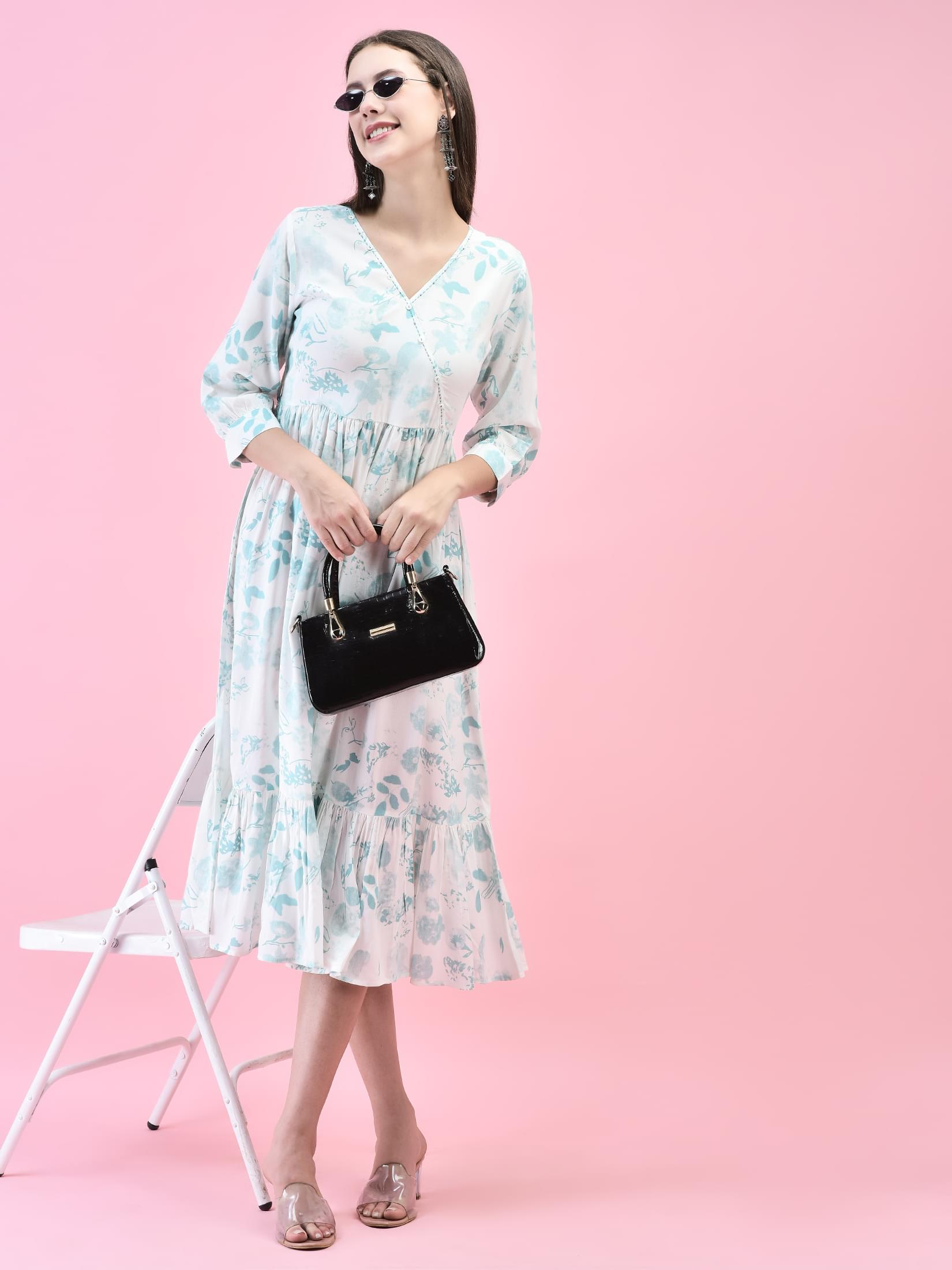 Women Liva (Rayon) Off White Tropical Print Dress.