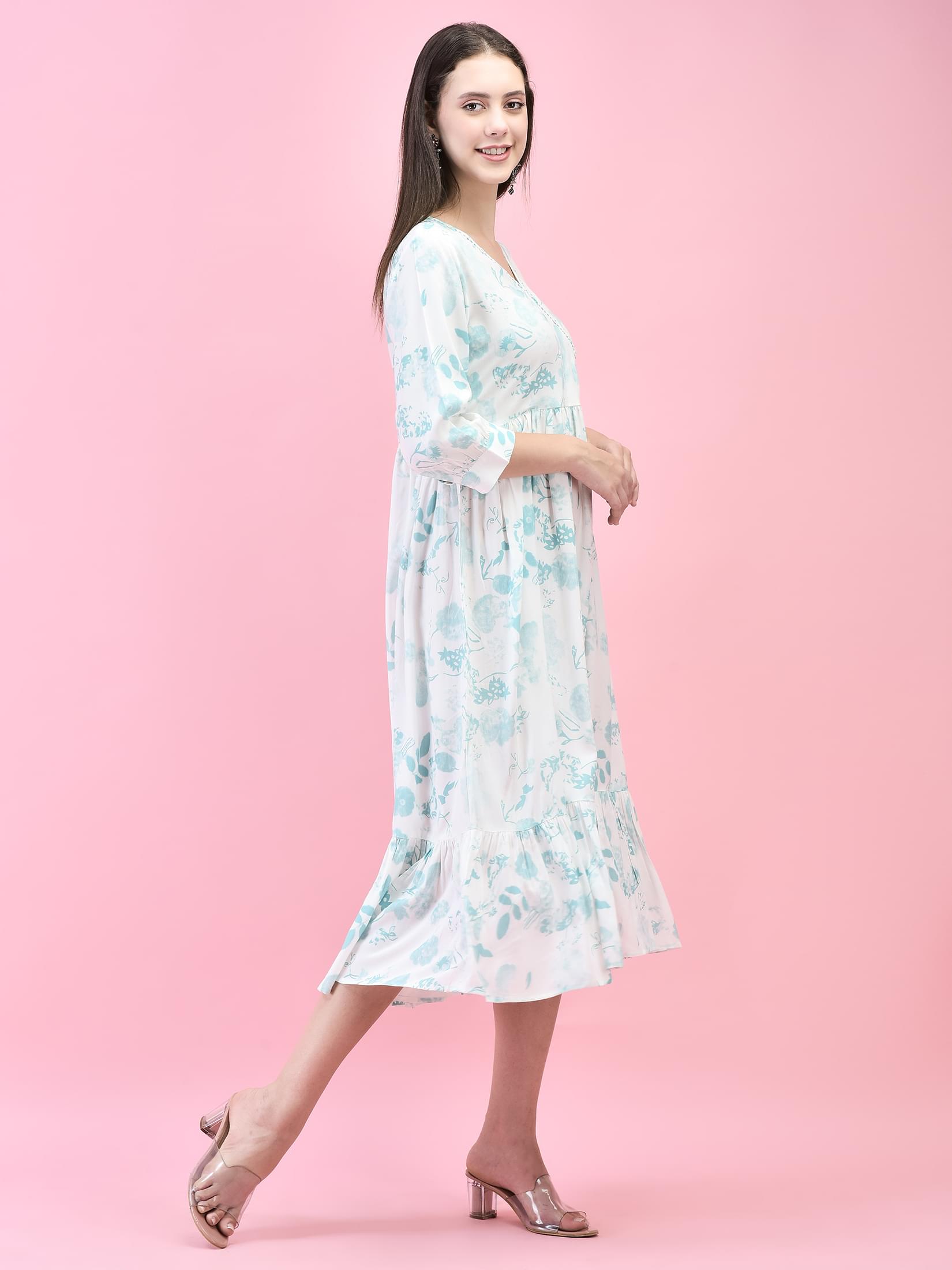 Women Liva (Rayon) Off White Tropical Print Dress.