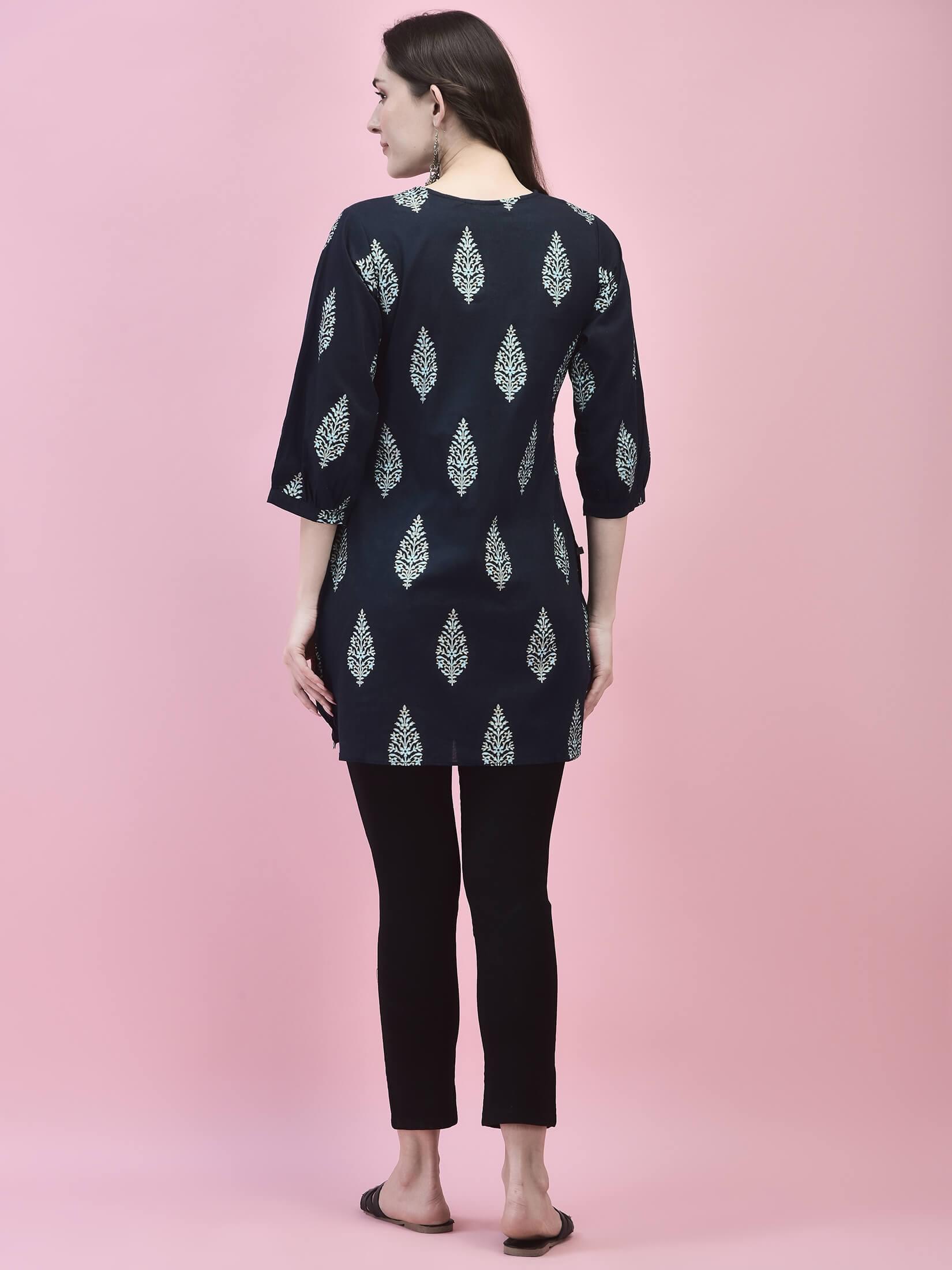 Women Cotton Navy Blue Tropical Print Tunic.