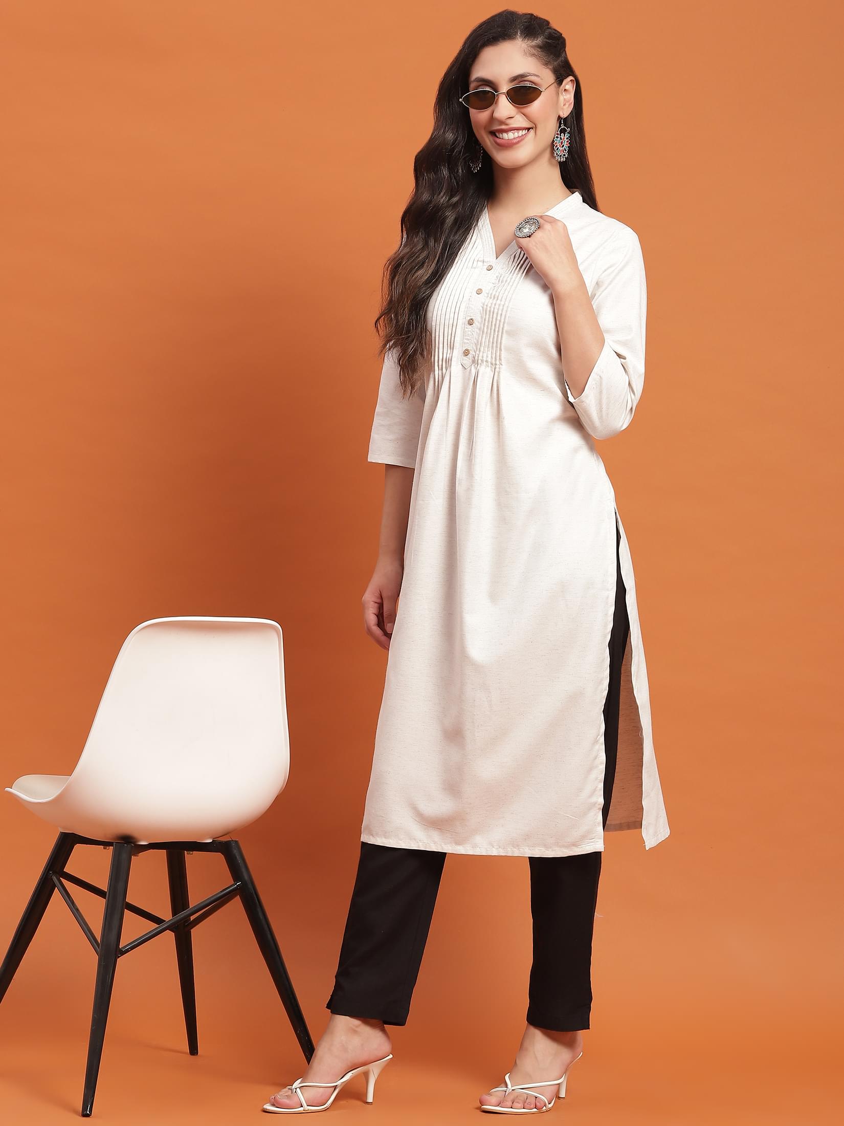 Women Off White Solid Kurta.