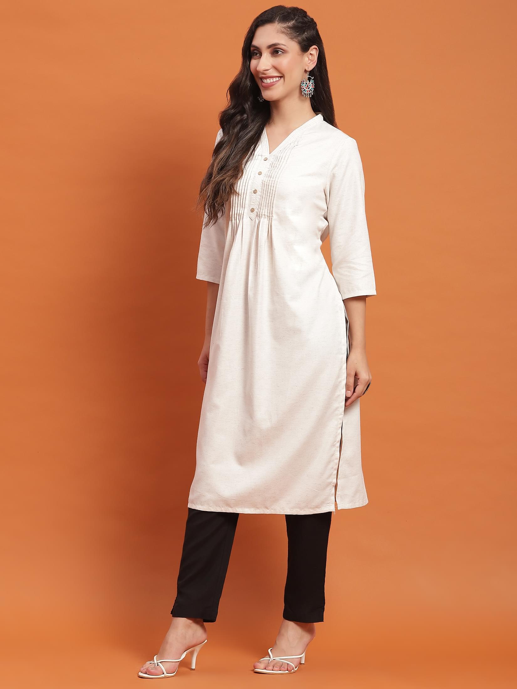 Women Off White Solid Kurta.