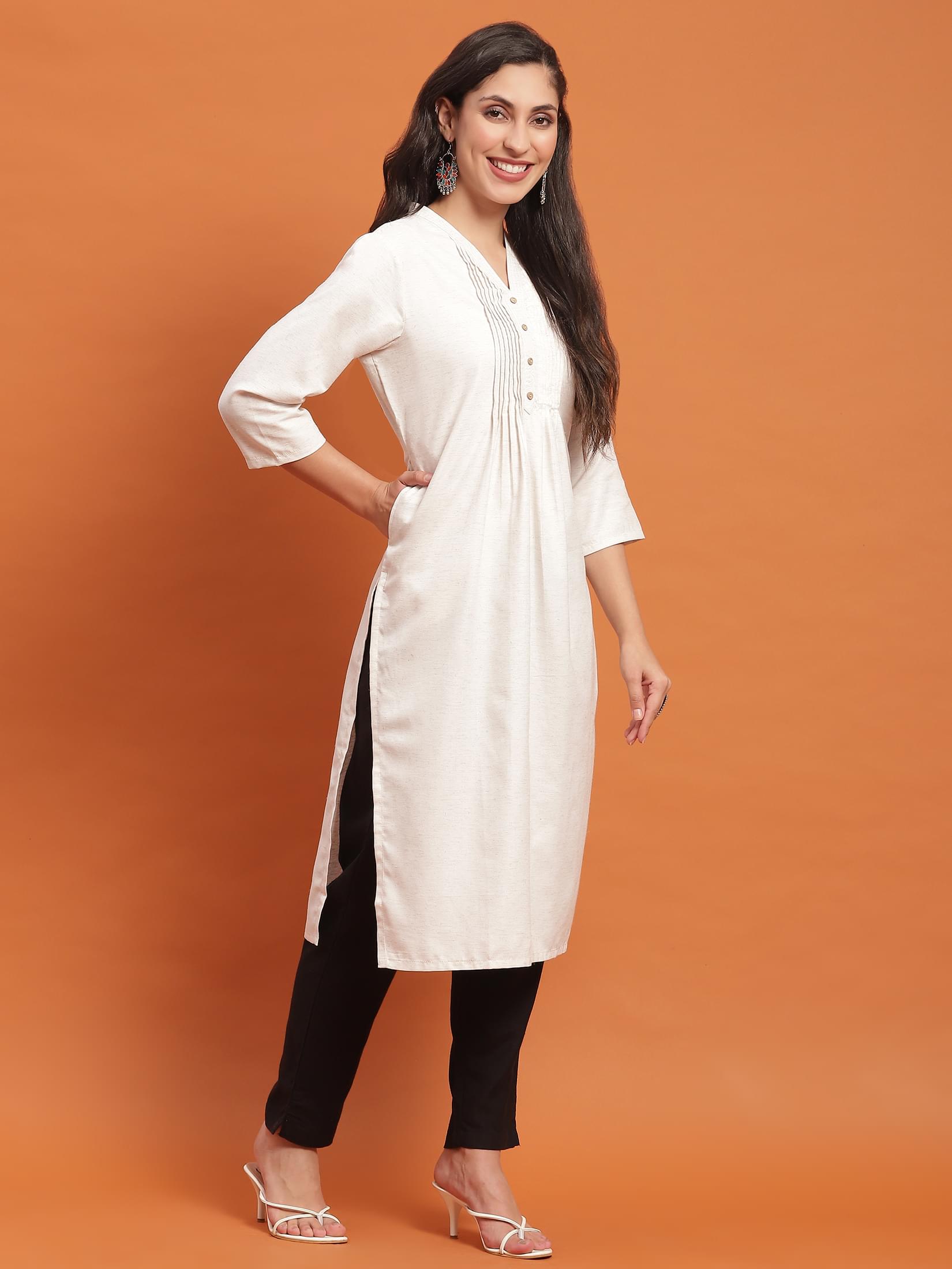 Women Off White Solid Kurta.