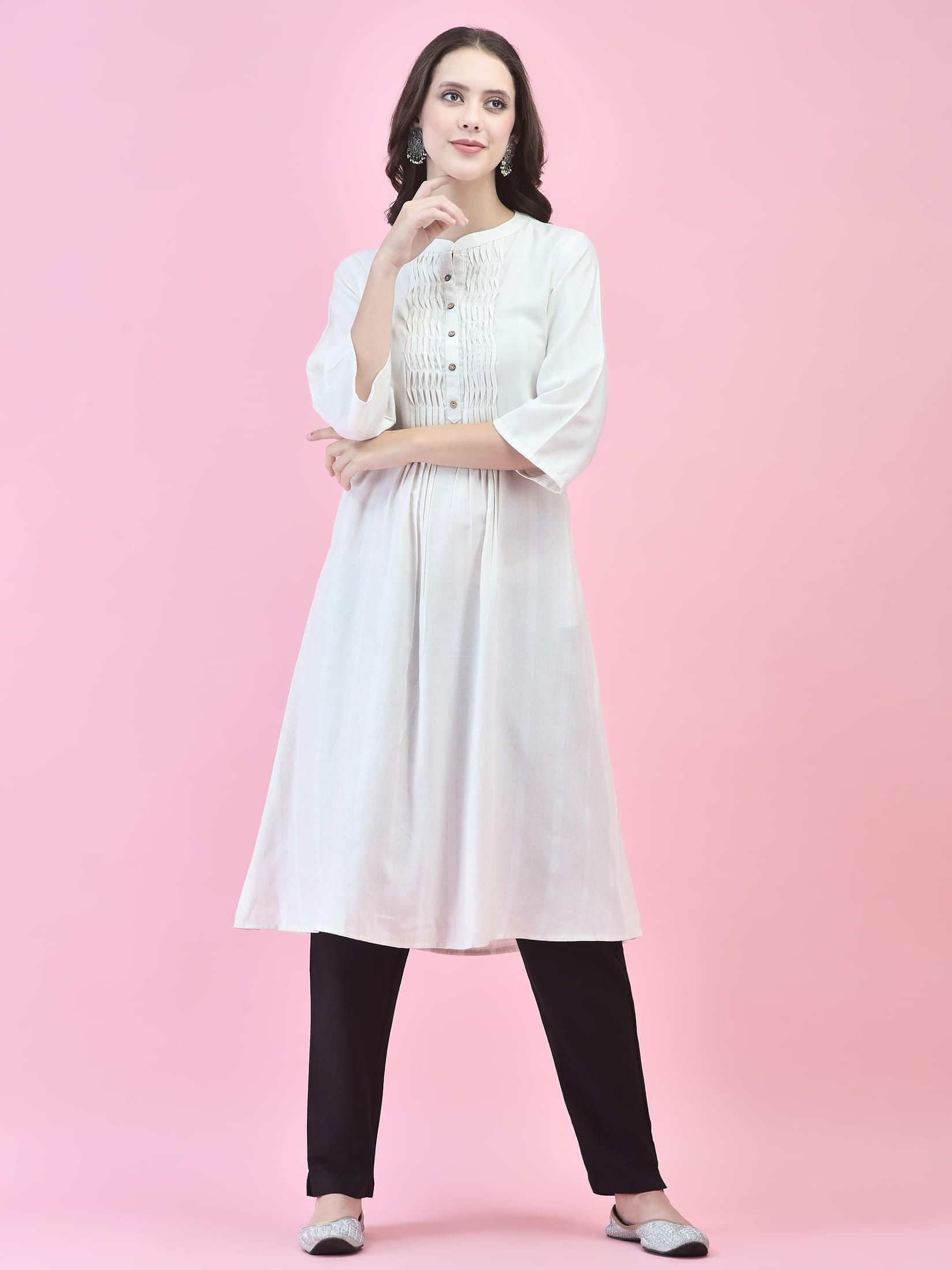 Women Viscose Off White Solid Kurta.