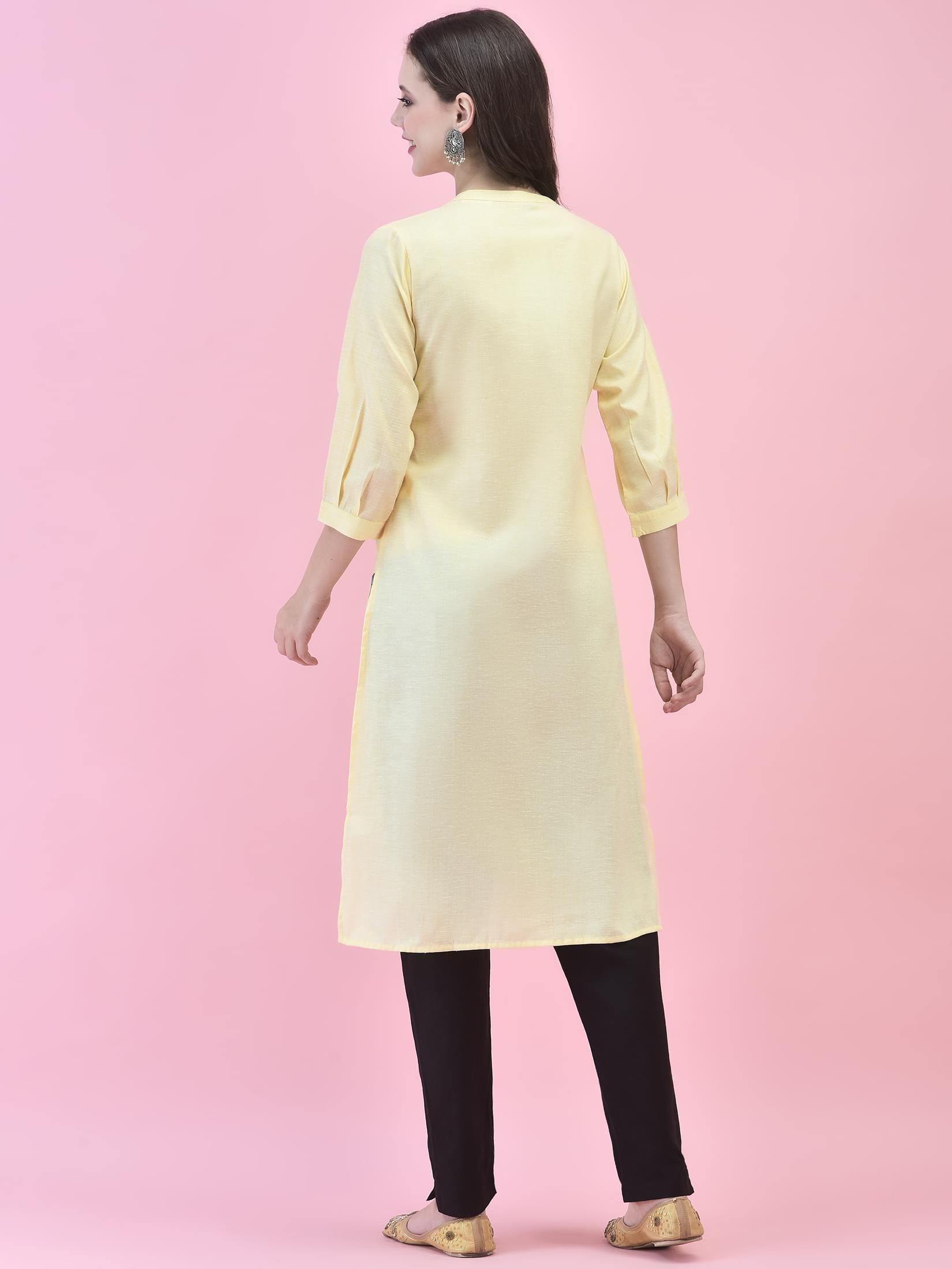 Women Cotton Yellow Solid Kurta.