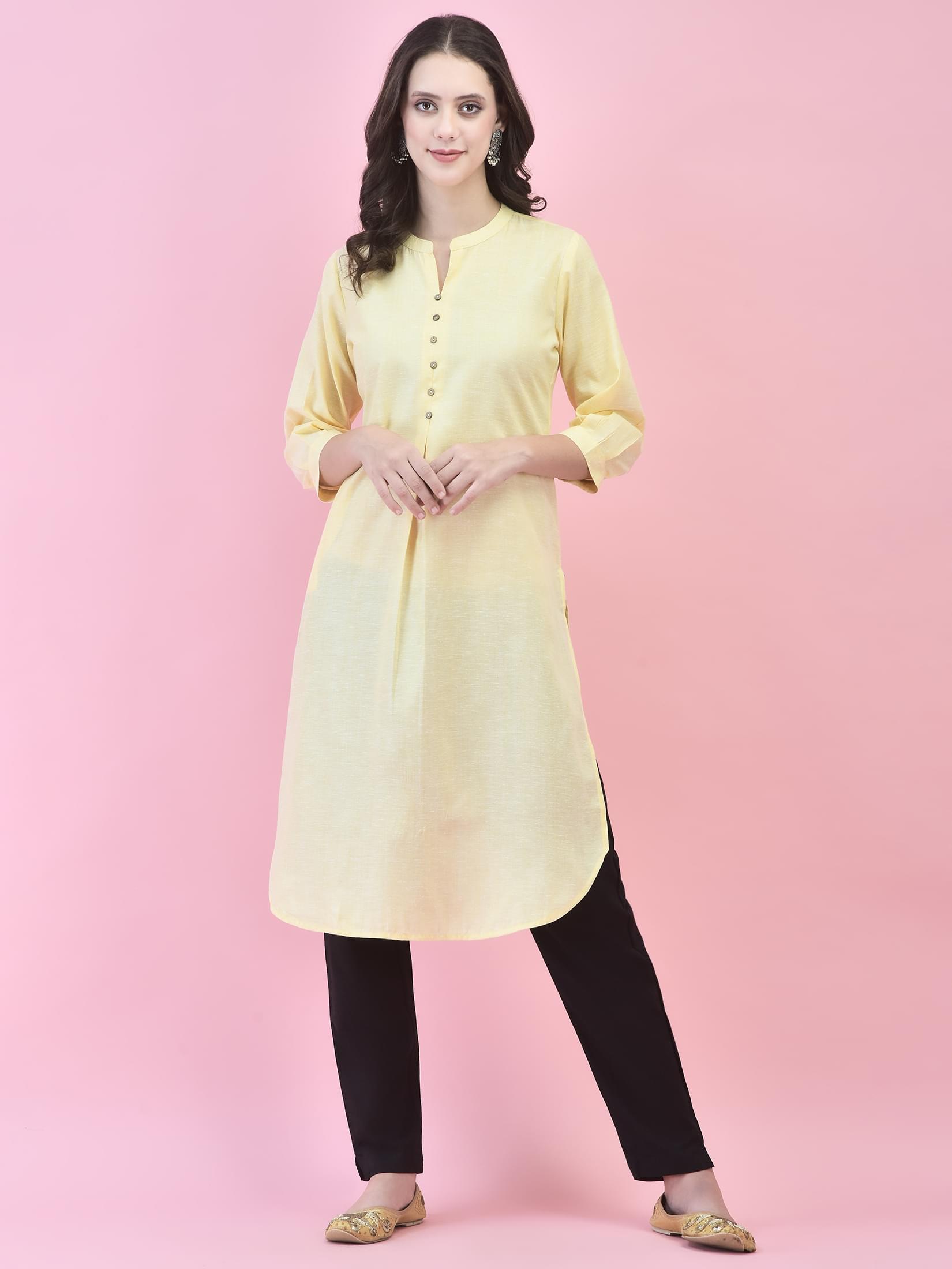Sunny yellow bright solid tone pure cotton breathable comfort regular line kurta
