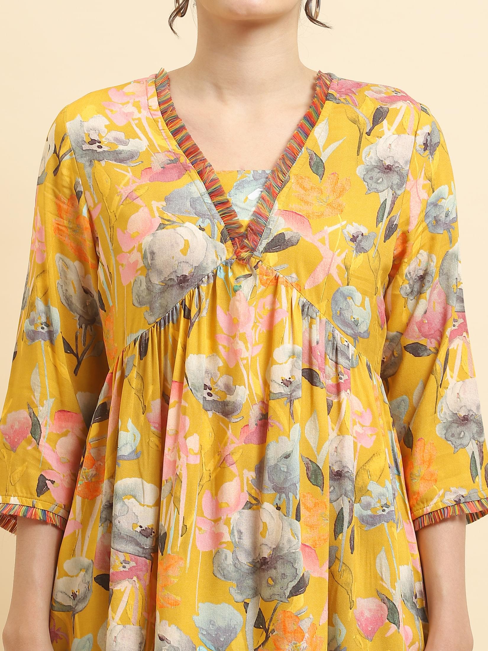 Women Liva Rayon Yellow Floral Print Tunic.