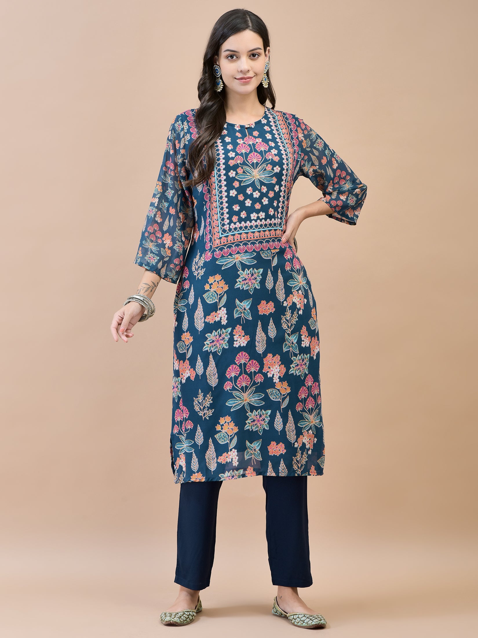 Women Georgette Blue Floral Print Kurta