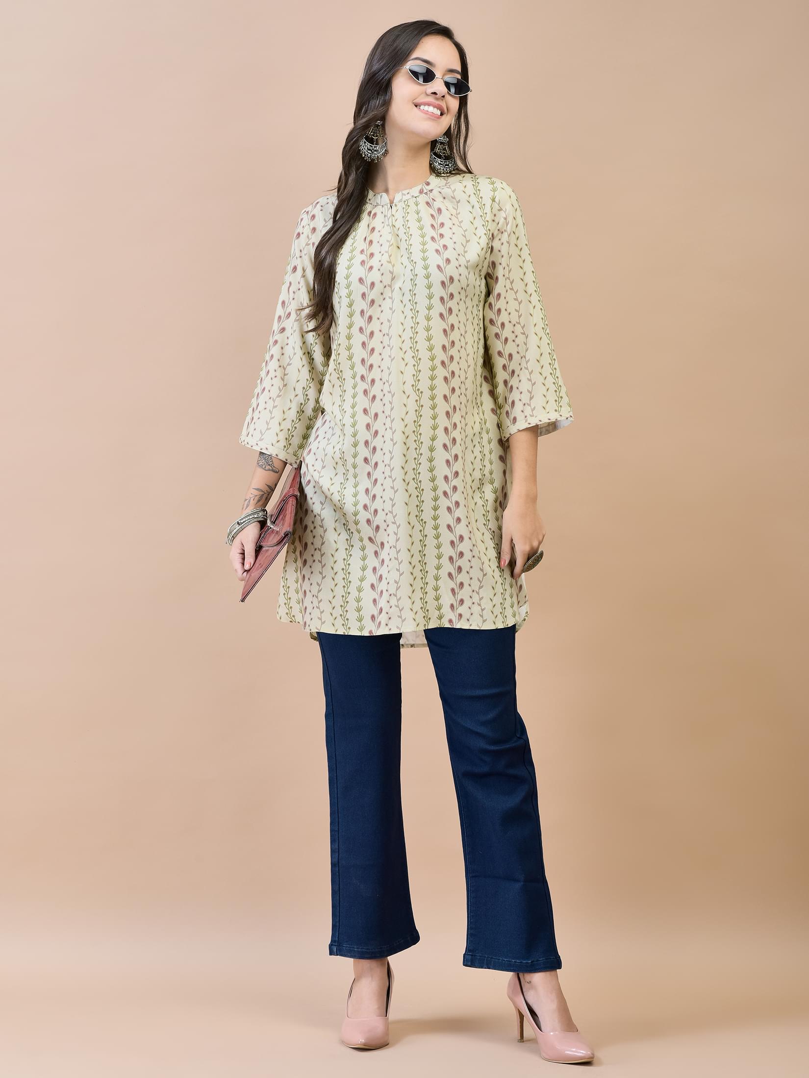 Women Liva Rayon Olive Floral Print Tunic.