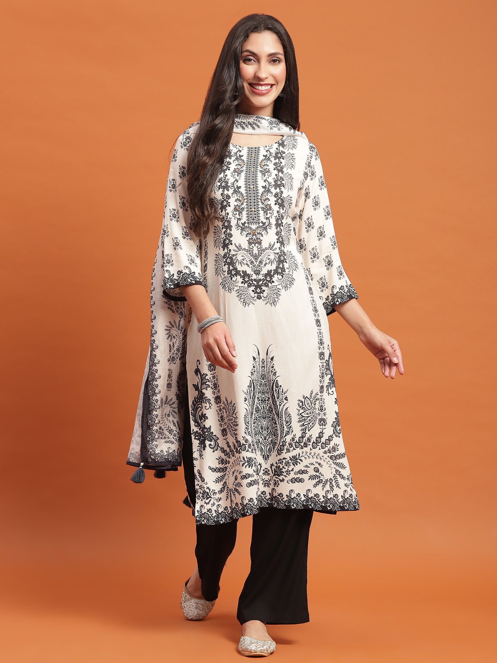 Indibelle Cotton Round Neck Floral Print Length A-Line Kurta Pant With Dupatta (Beige)