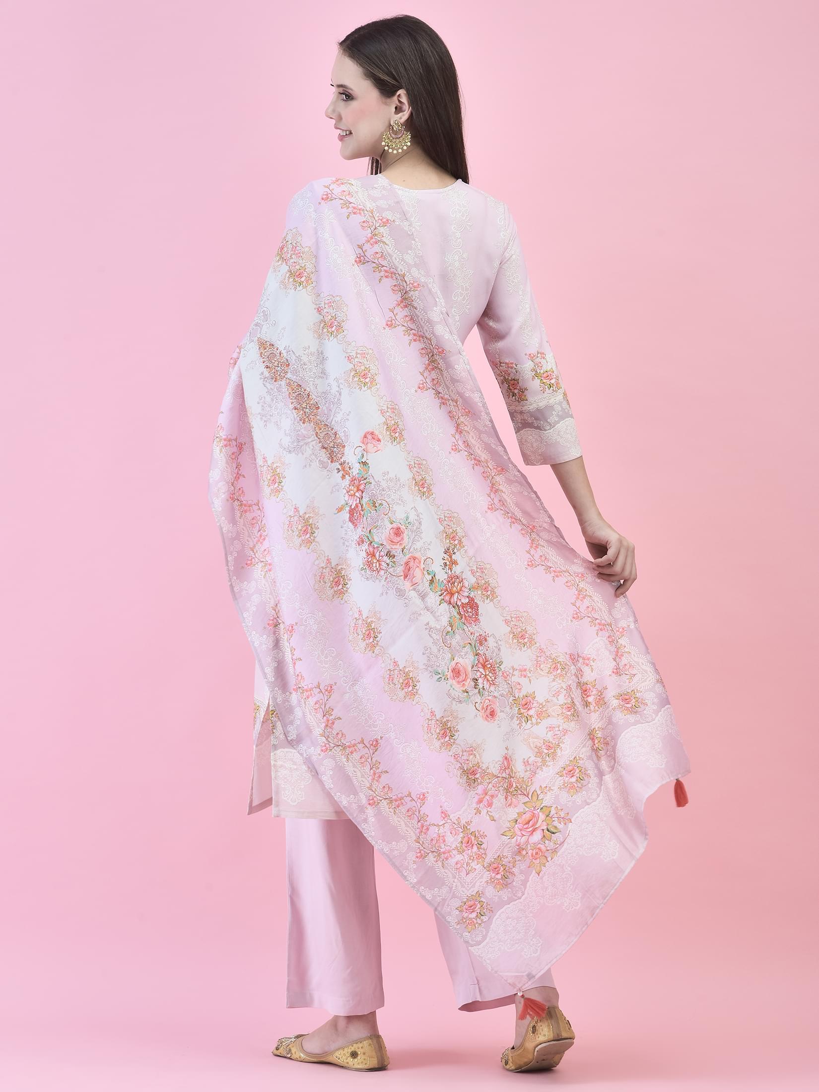 Women Liva (Rayon) Pink Floral Print Kurta Comfort Pant Dupatta.