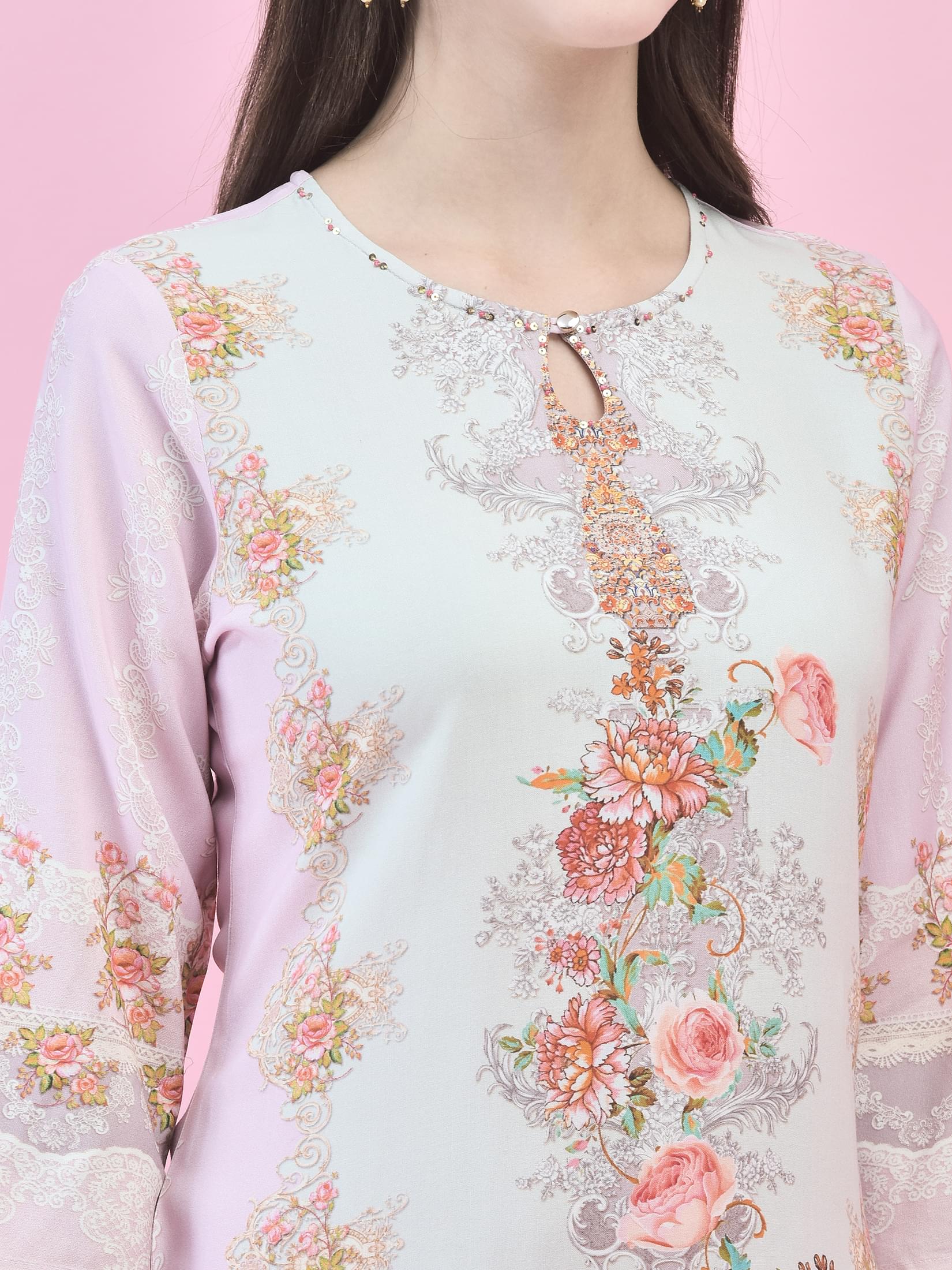 Women Liva (Rayon) Pink Floral Print Kurta Comfort Pant Dupatta.