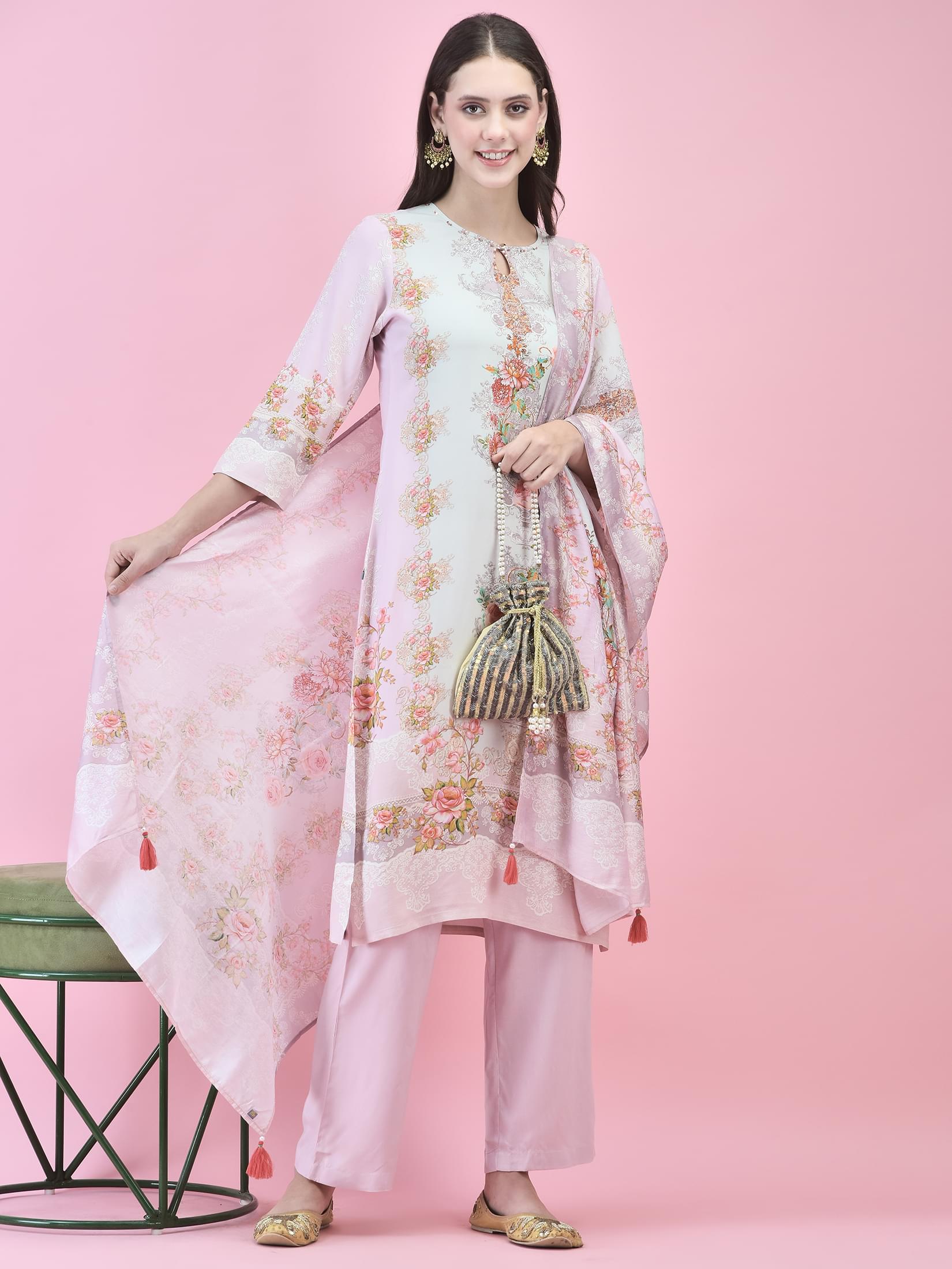 Women Liva (Rayon) Pink Floral Print Kurta Comfort Pant Dupatta.