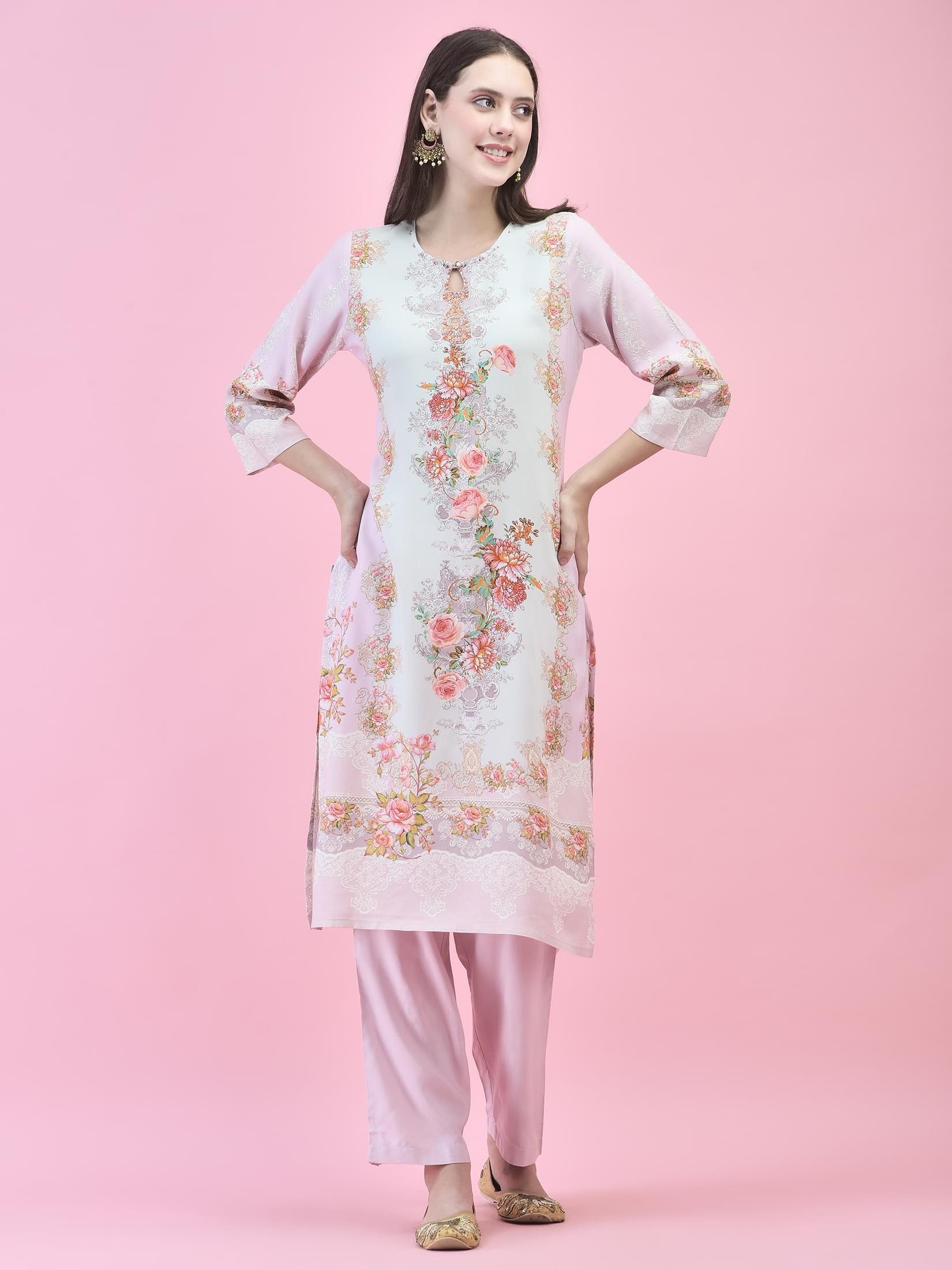 Women Liva (Rayon) Pink Floral Print Kurta Comfort Pant Dupatta.