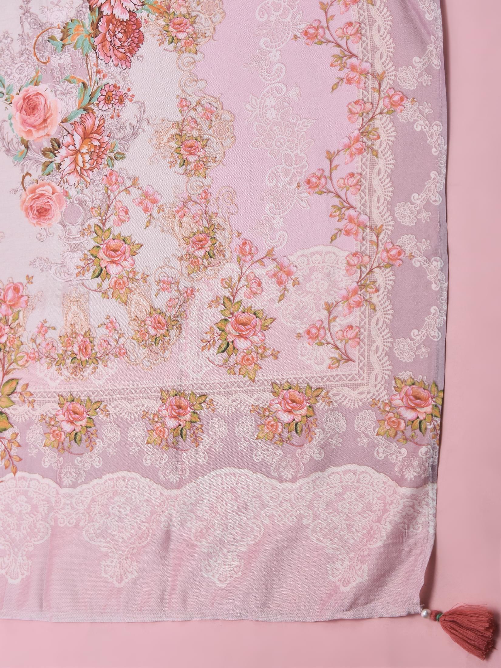 Women Liva (Rayon) Pink Floral Print Kurta Comfort Pant Dupatta.