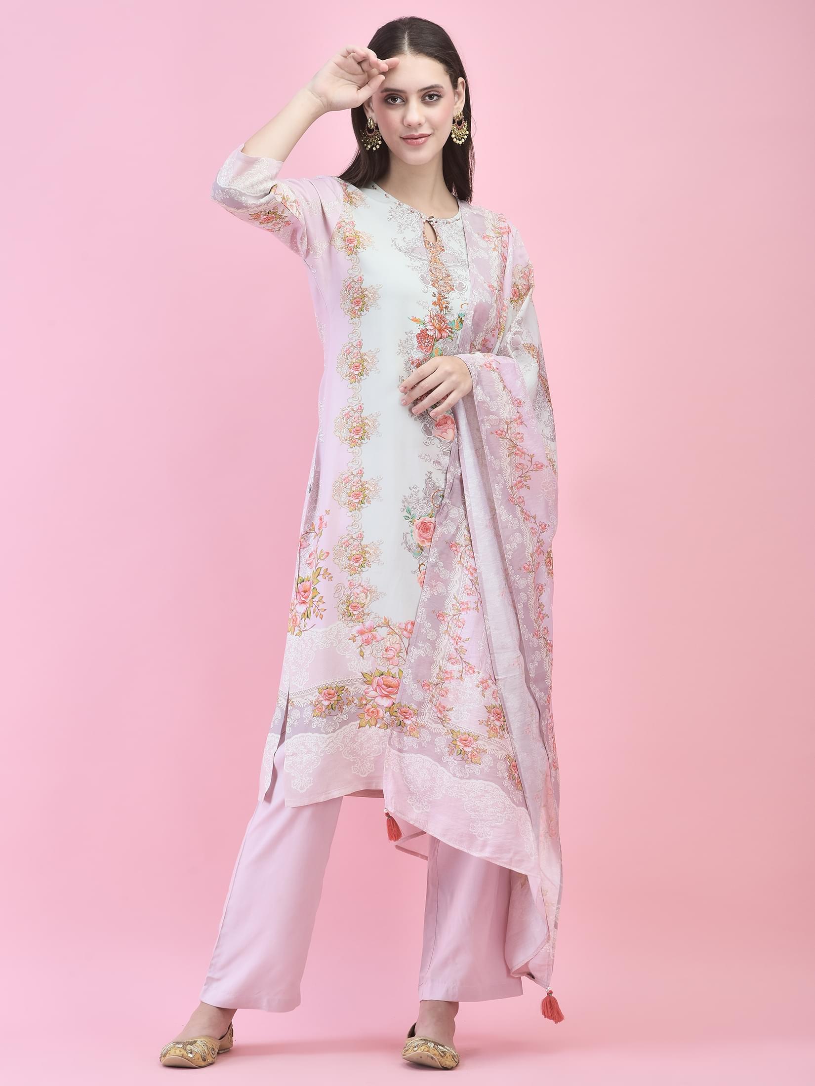 Women Liva (Rayon) Pink Floral Print Kurta Comfort Pant Dupatta.