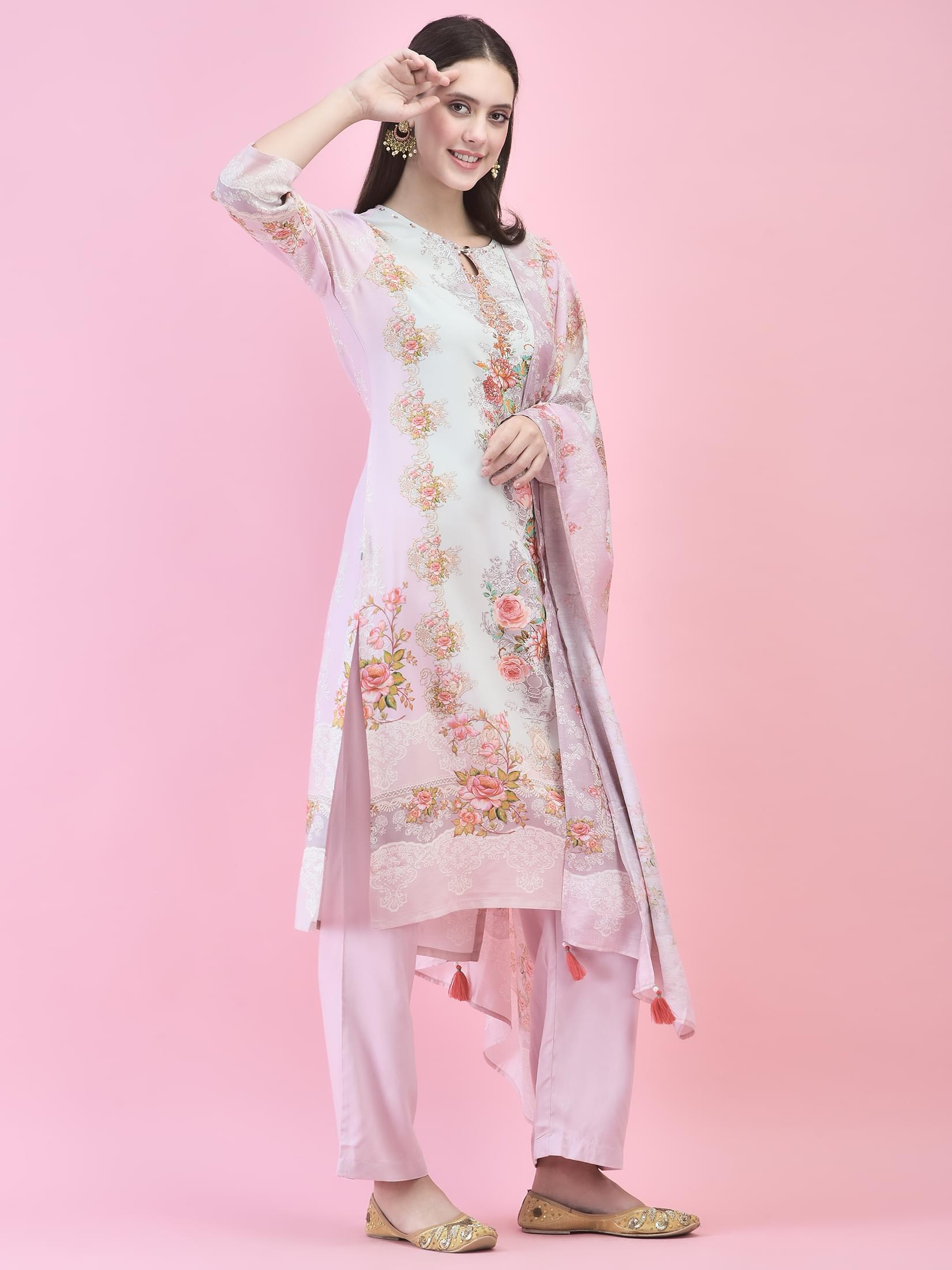 Women Liva (Rayon) Pink Floral Print Kurta Comfort Pant Dupatta.