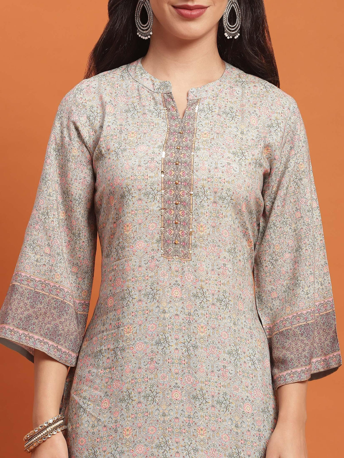Women Blue Ornamental Print Kurta Trouser Dupatta.