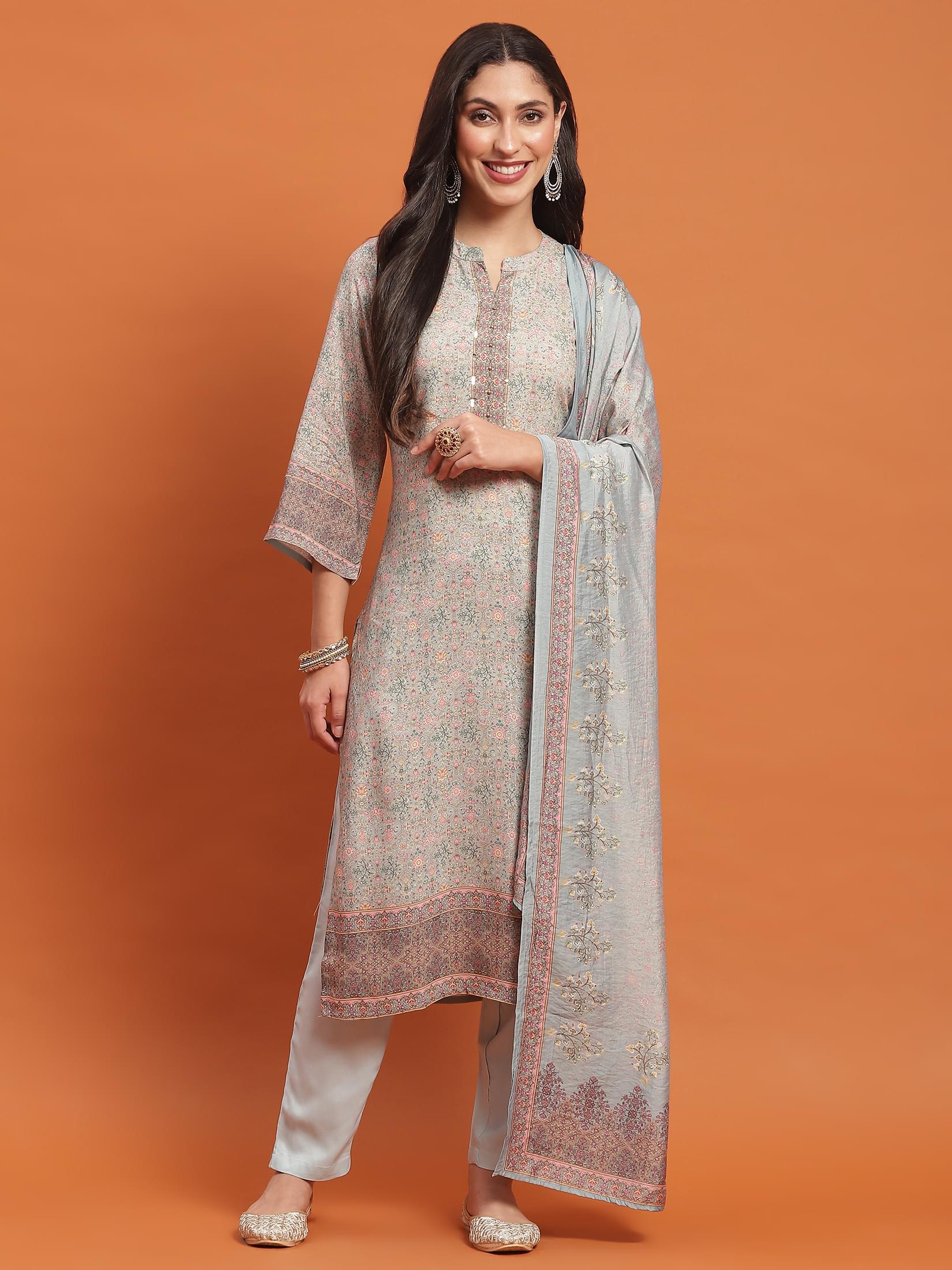 Women Blue Ornamental Print Kurta Trouser Dupatta.