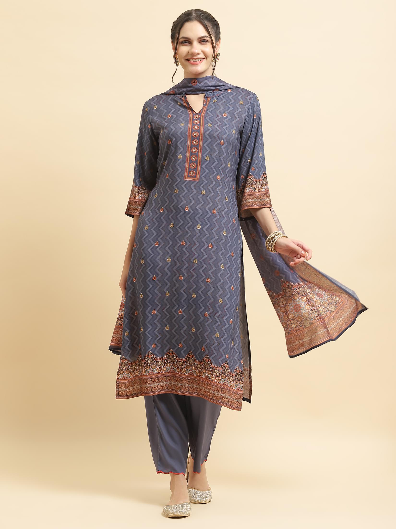 Women Liva Rayon Blue Ornamental Print Kurta Comfort Pant Dupatta.