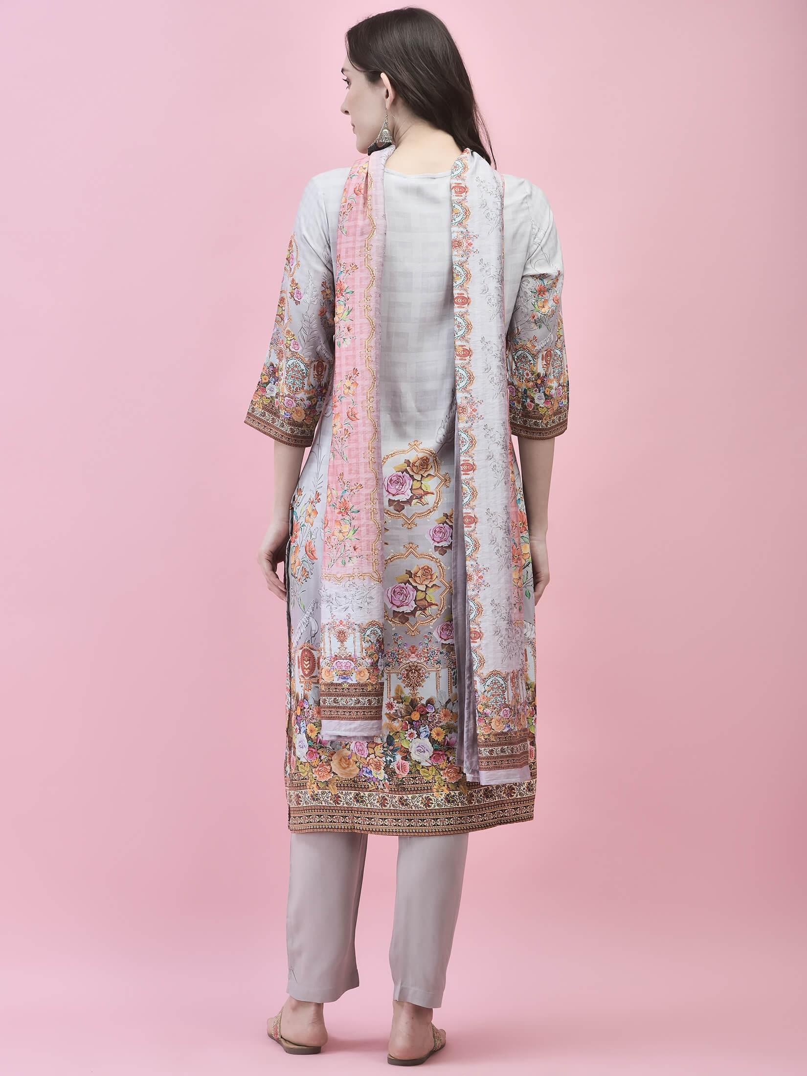 Women Liva Rayon Beige Floral Print Kurta Trouser Dupatta.