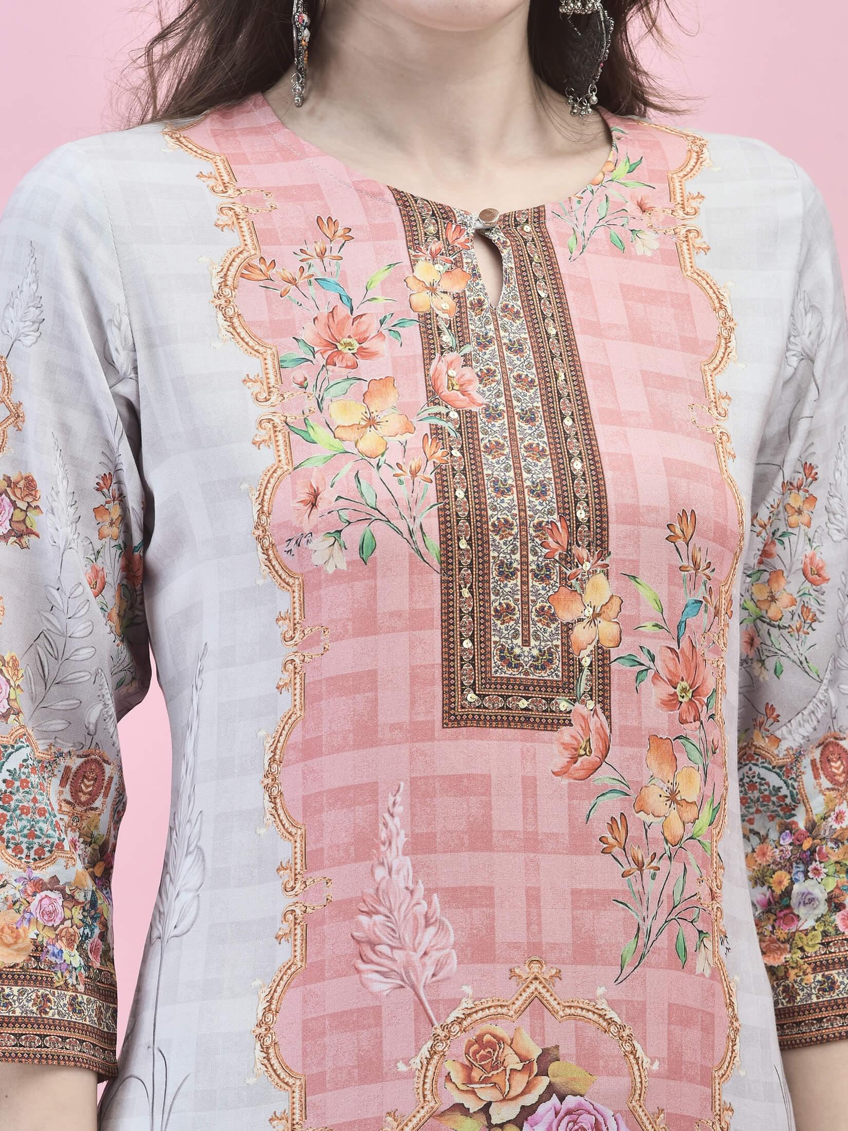 Women Liva Rayon Beige Floral Print Kurta Trouser Dupatta.
