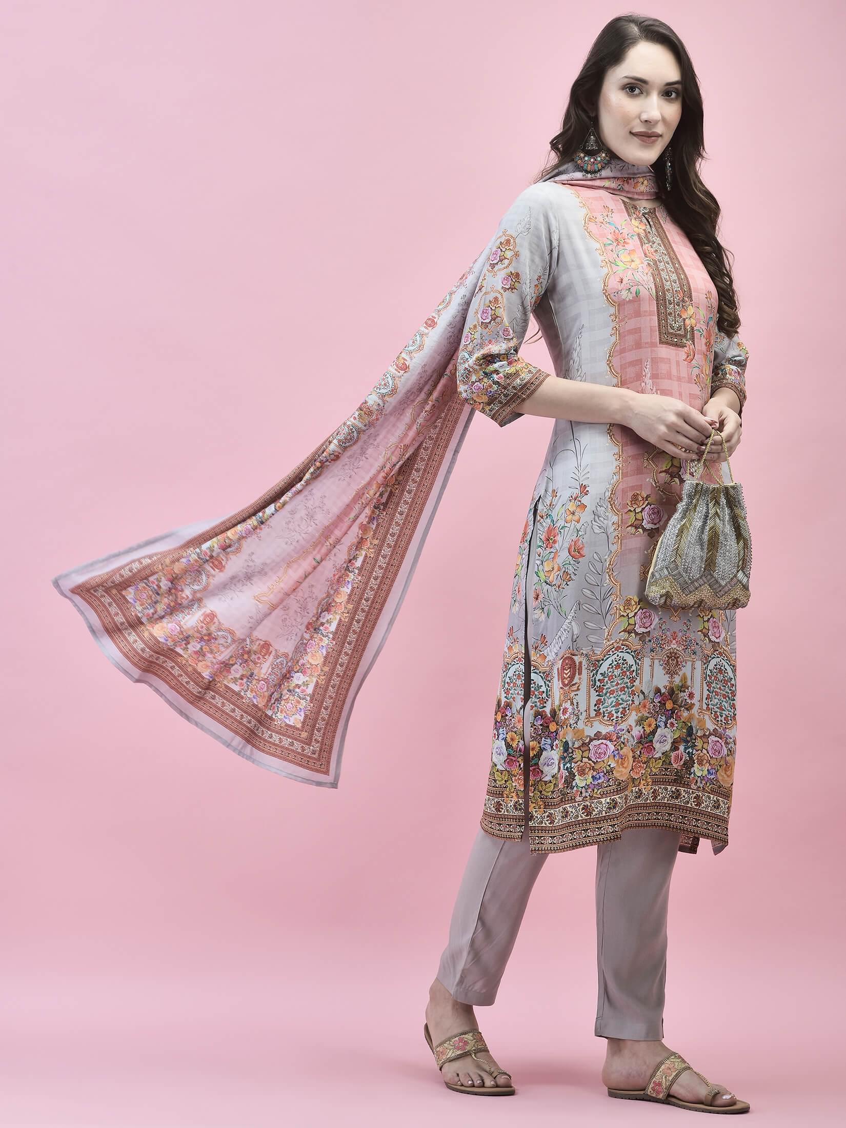 Women Liva Rayon Beige Floral Print Kurta Trouser Dupatta.