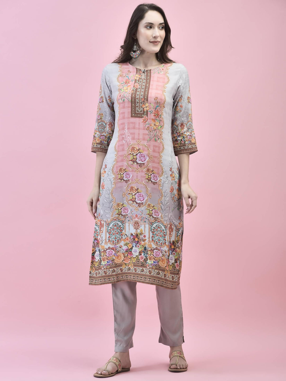 Women Liva Rayon Beige Floral Print Kurta Trouser Dupatta.