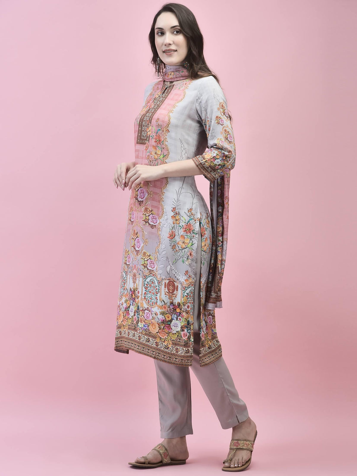 Women Liva Rayon Beige Floral Print Kurta Trouser Dupatta.