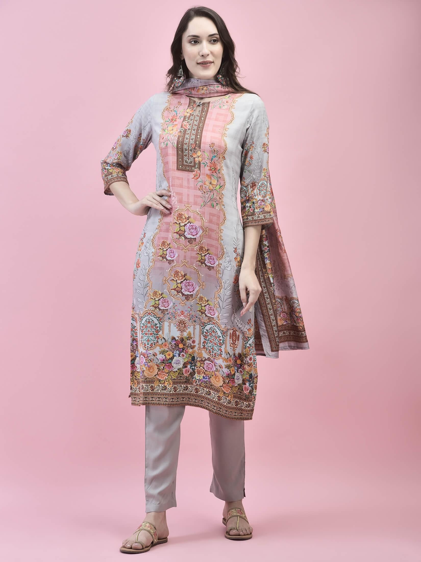 Women Liva Rayon Beige Floral Print Kurta Trouser Dupatta.