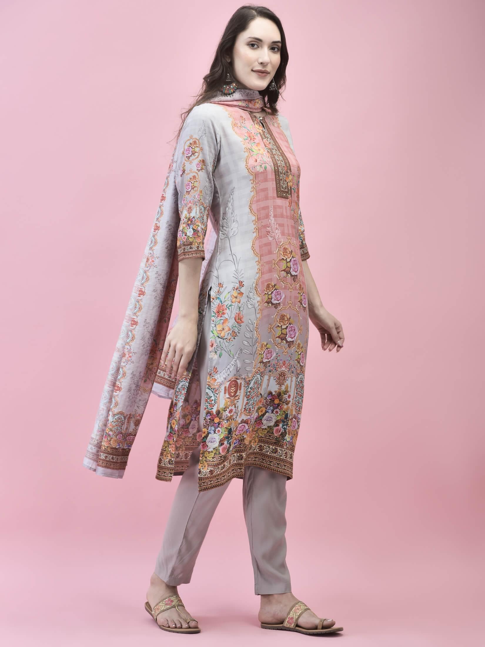 Women Liva Rayon Beige Floral Print Kurta Trouser Dupatta.