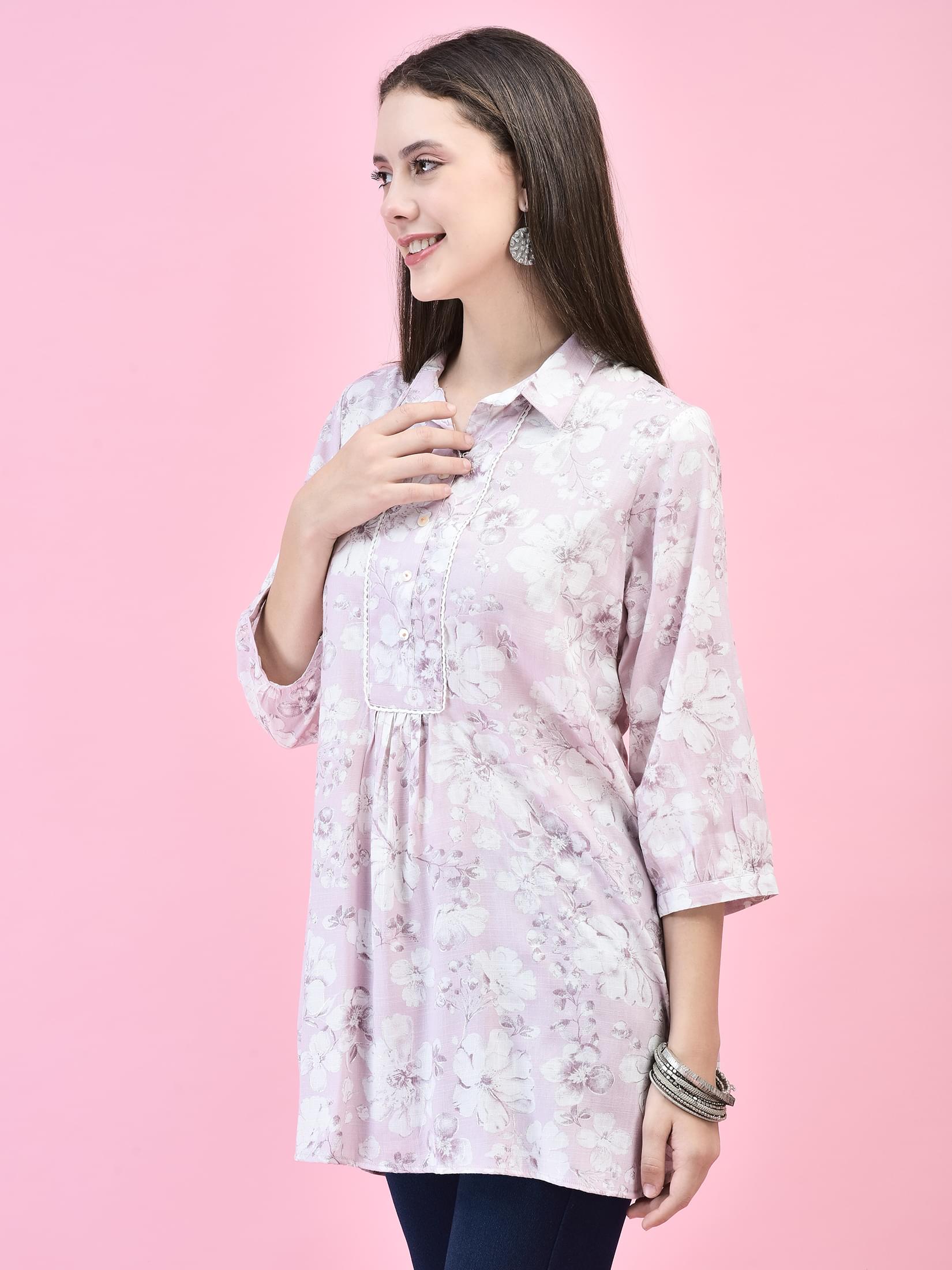 Women Liva (Rayon) Lilac Floral Print Tunic.
