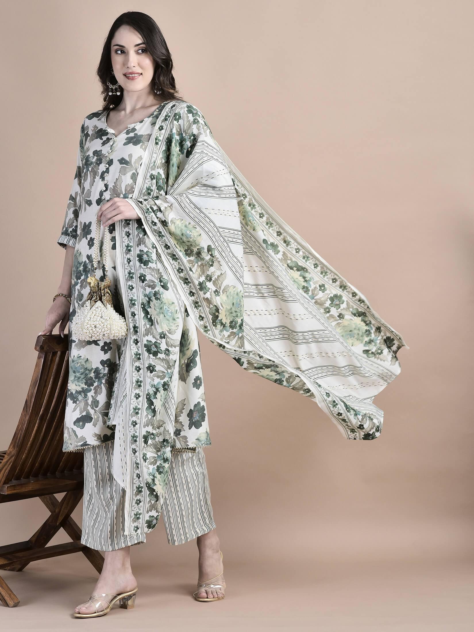 Women Poly Viscose Green Floral Print Kurta Comfort Pant Dupatta.