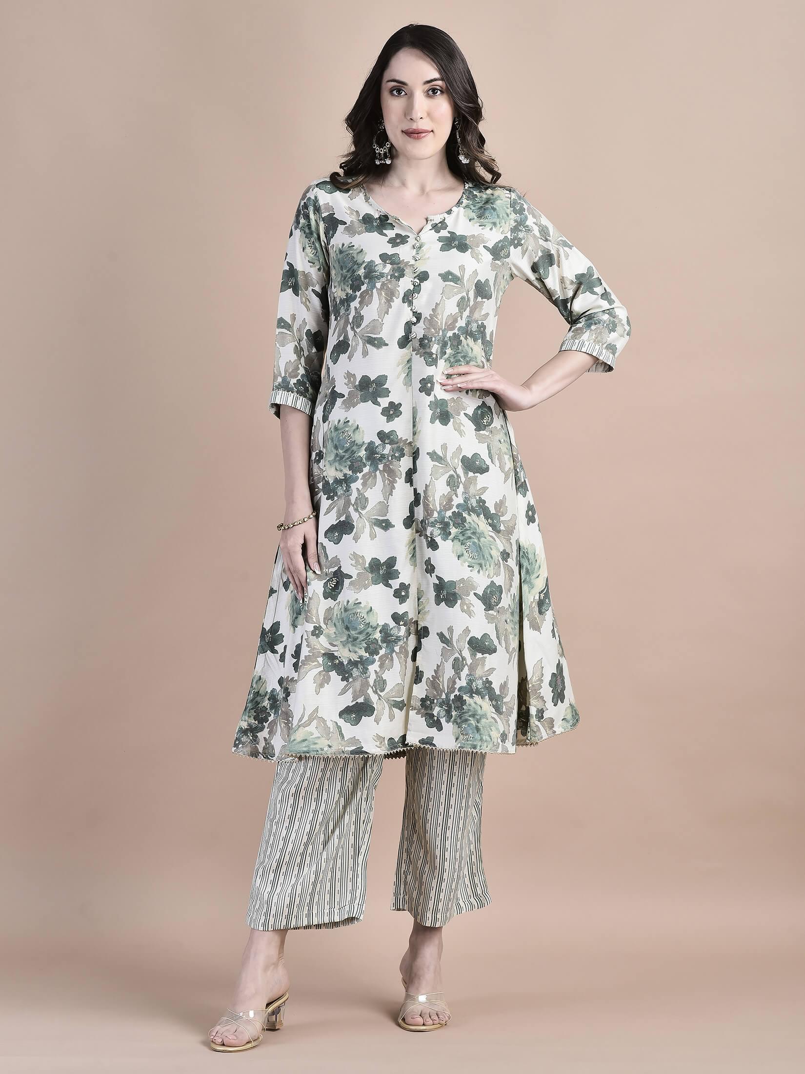 Women Poly Viscose Green Floral Print Kurta Comfort Pant Dupatta.