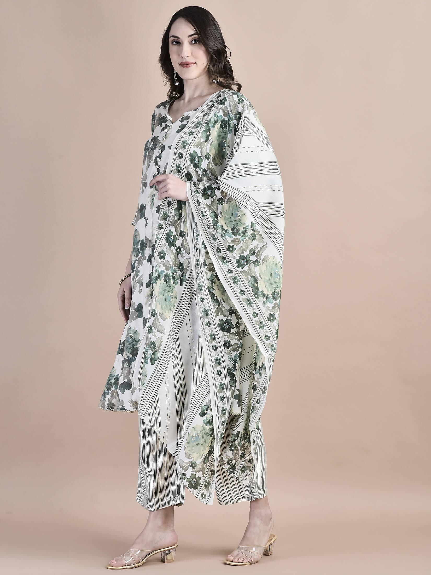 Women Poly Viscose Green Floral Print Kurta Comfort Pant Dupatta.