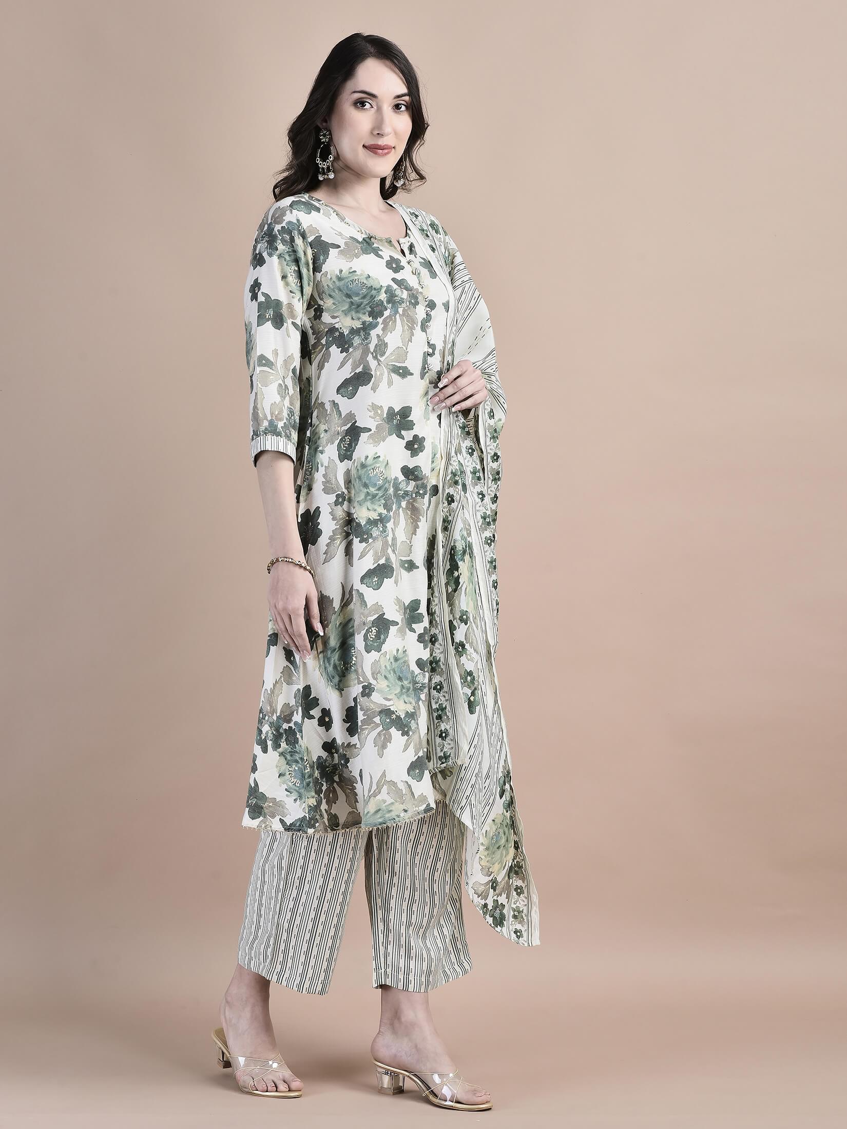Women Poly Viscose Green Floral Print Kurta Comfort Pant Dupatta.